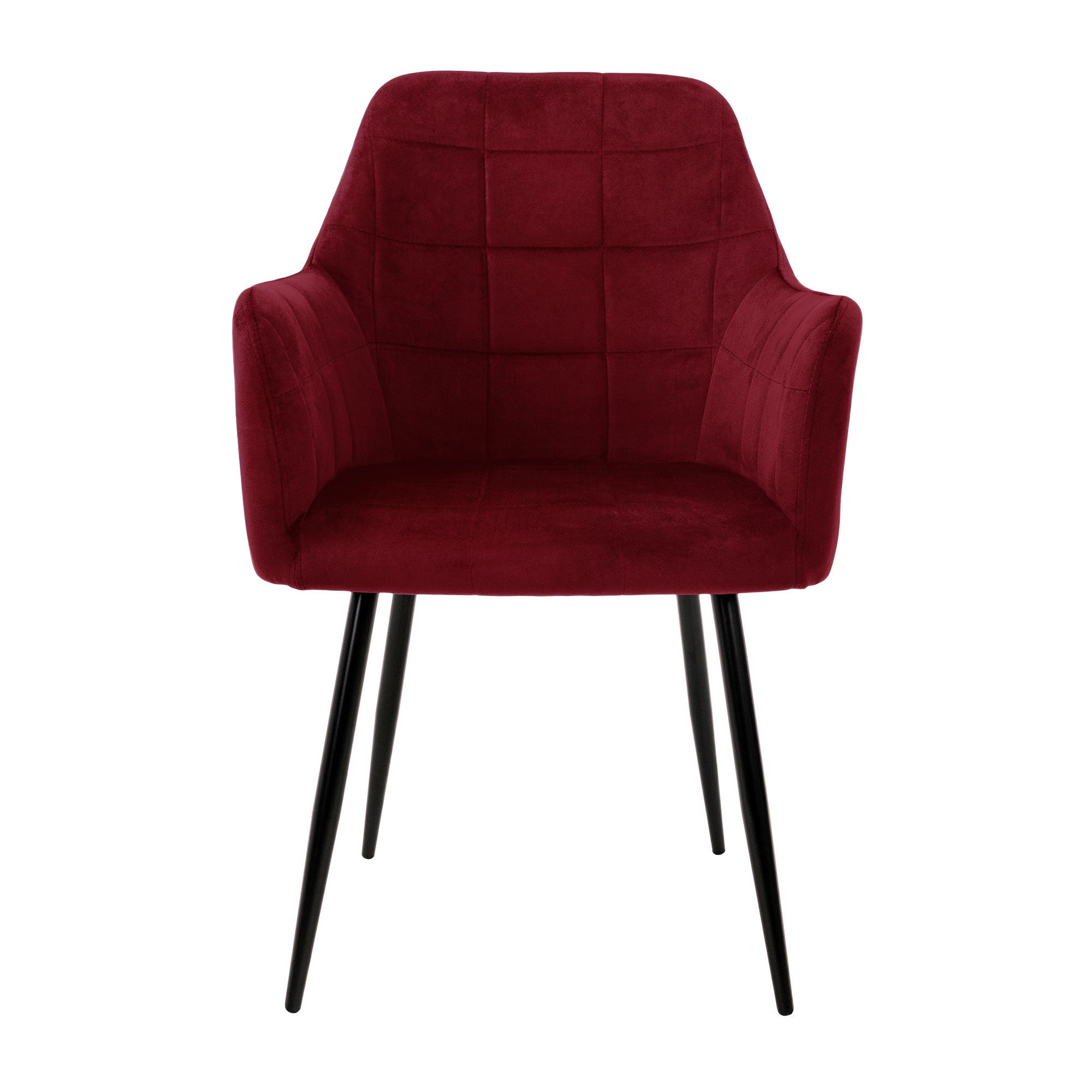 Red chair with padded seat and backrest, black legs.