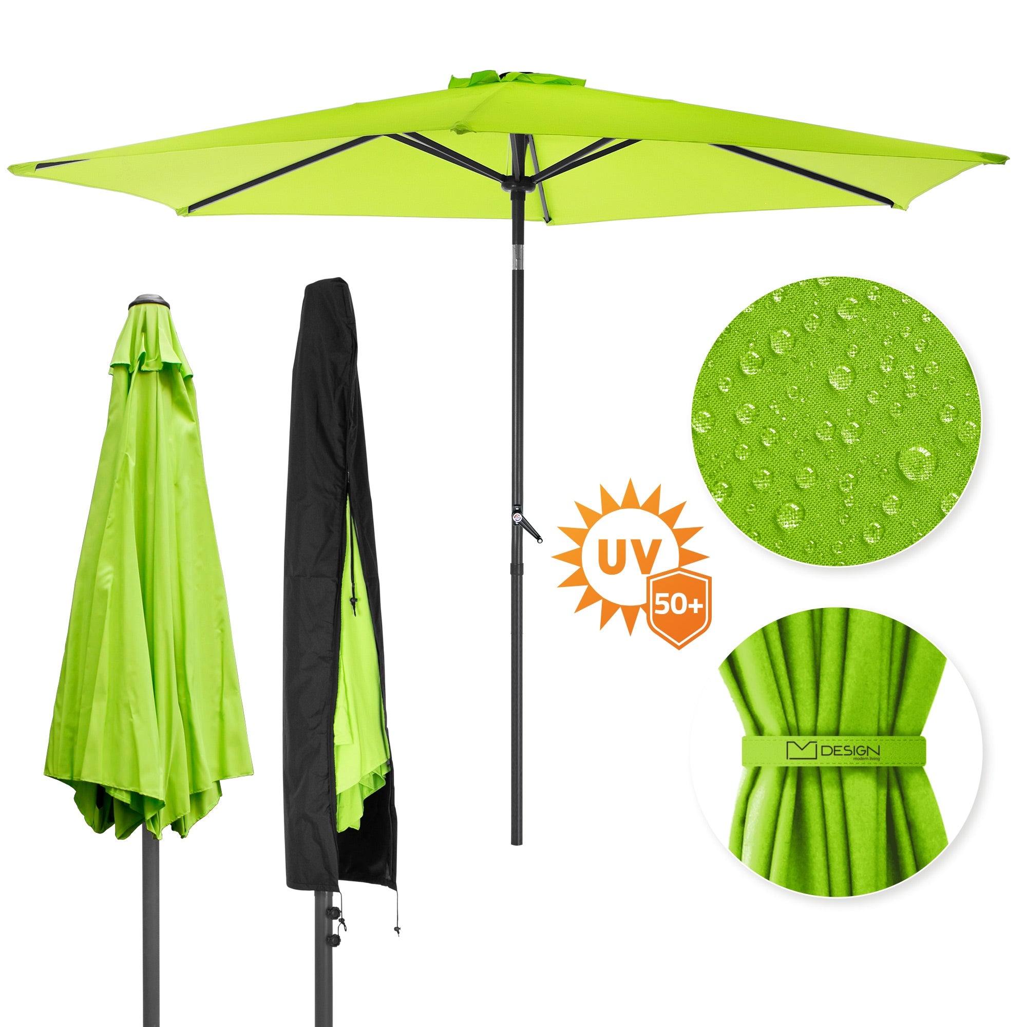 Grøn parasol med UV-beskyttelse og vandafvisende.
