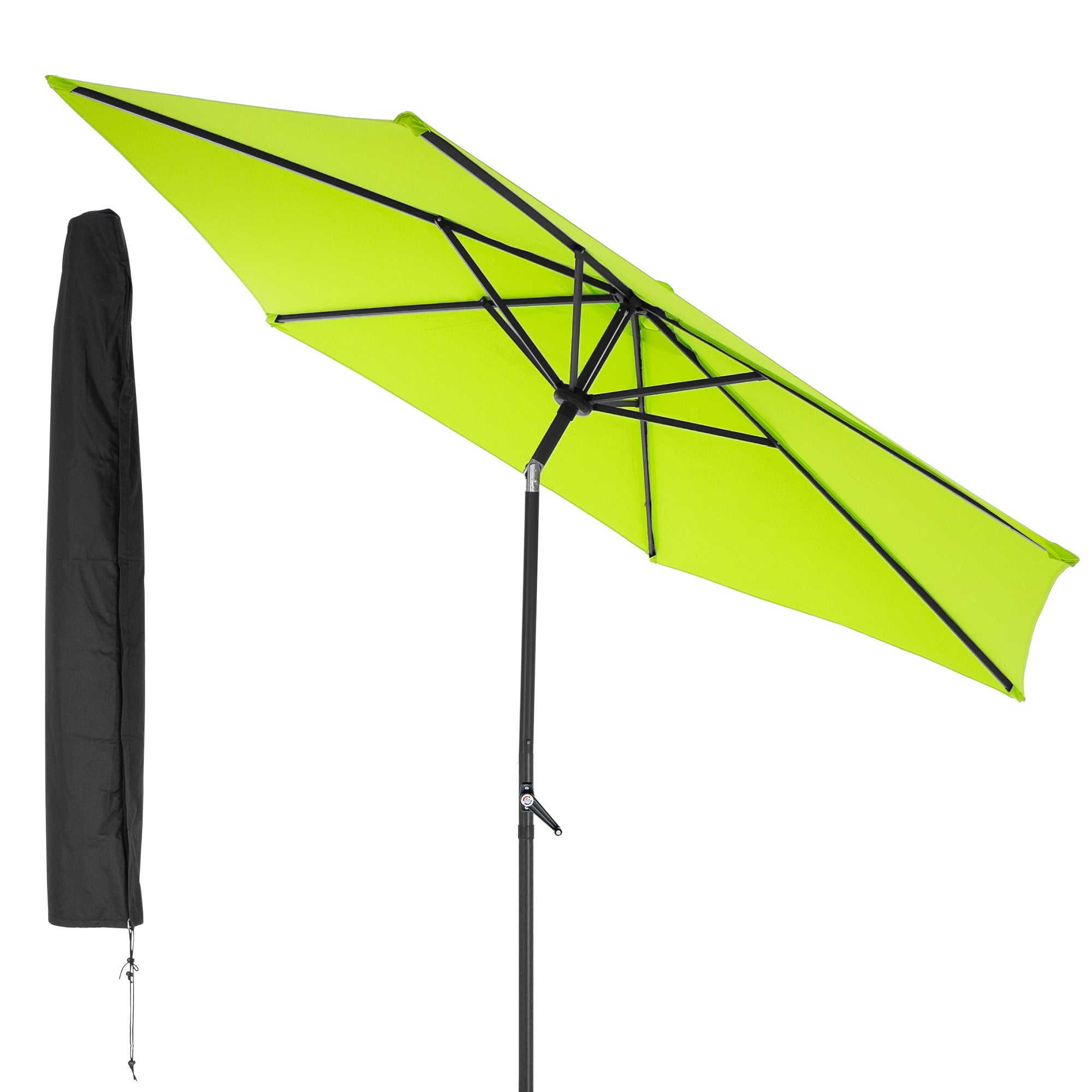 Grøn parasol, åbnet, med sort parasolfod.
