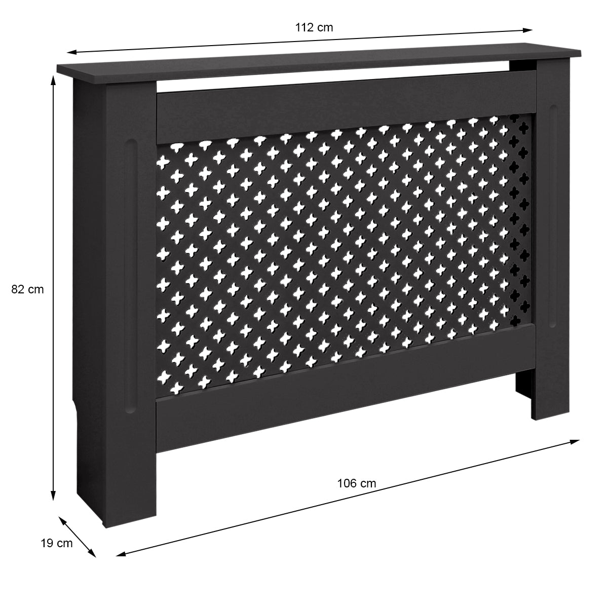 Schwarze Heizkörperverkleidung mit geometrischem Muster, Maße: 112 cm x 82 cm x 19 cm.