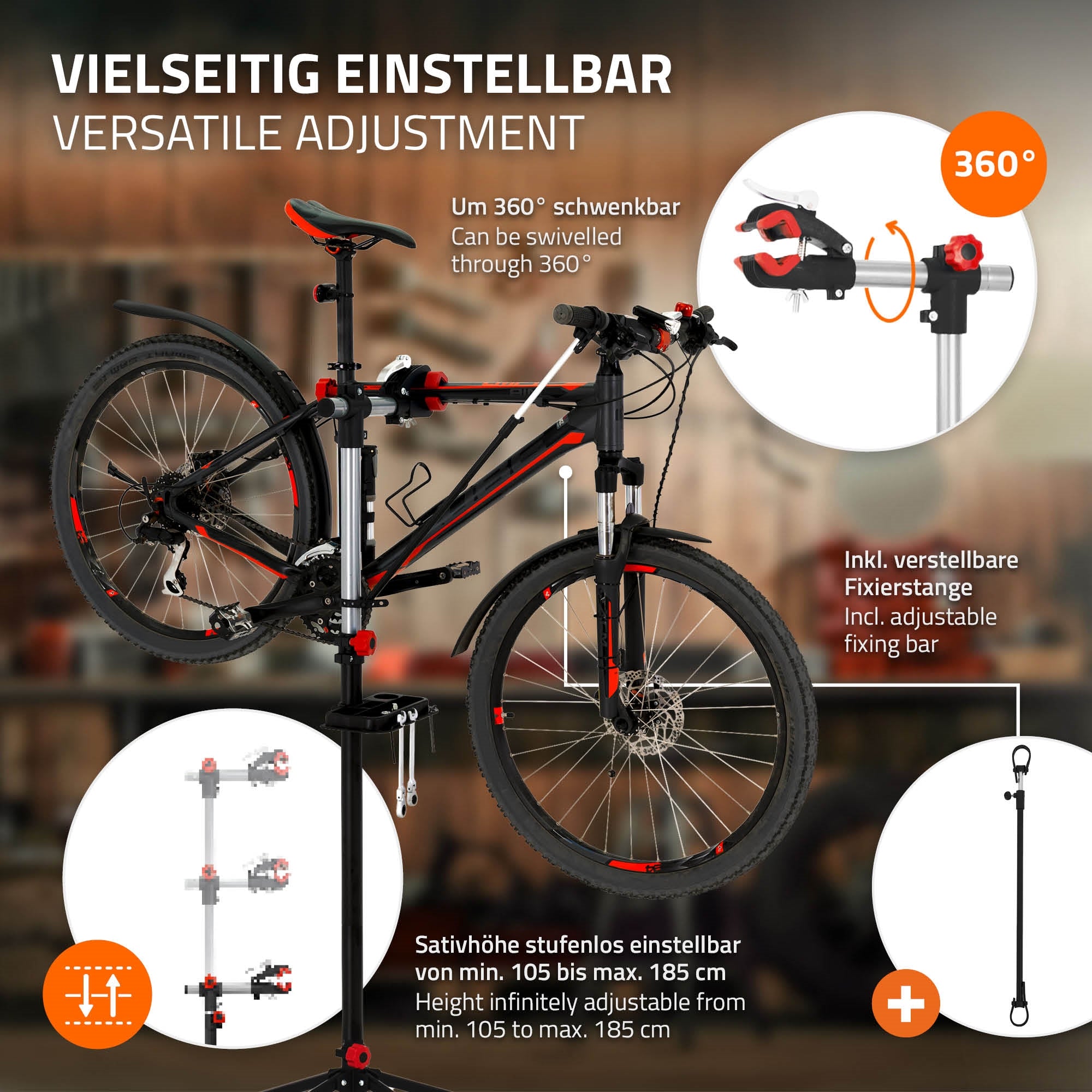 Fietsstandaard met verstelbare houders, draaibaar, in een moderne omgeving.