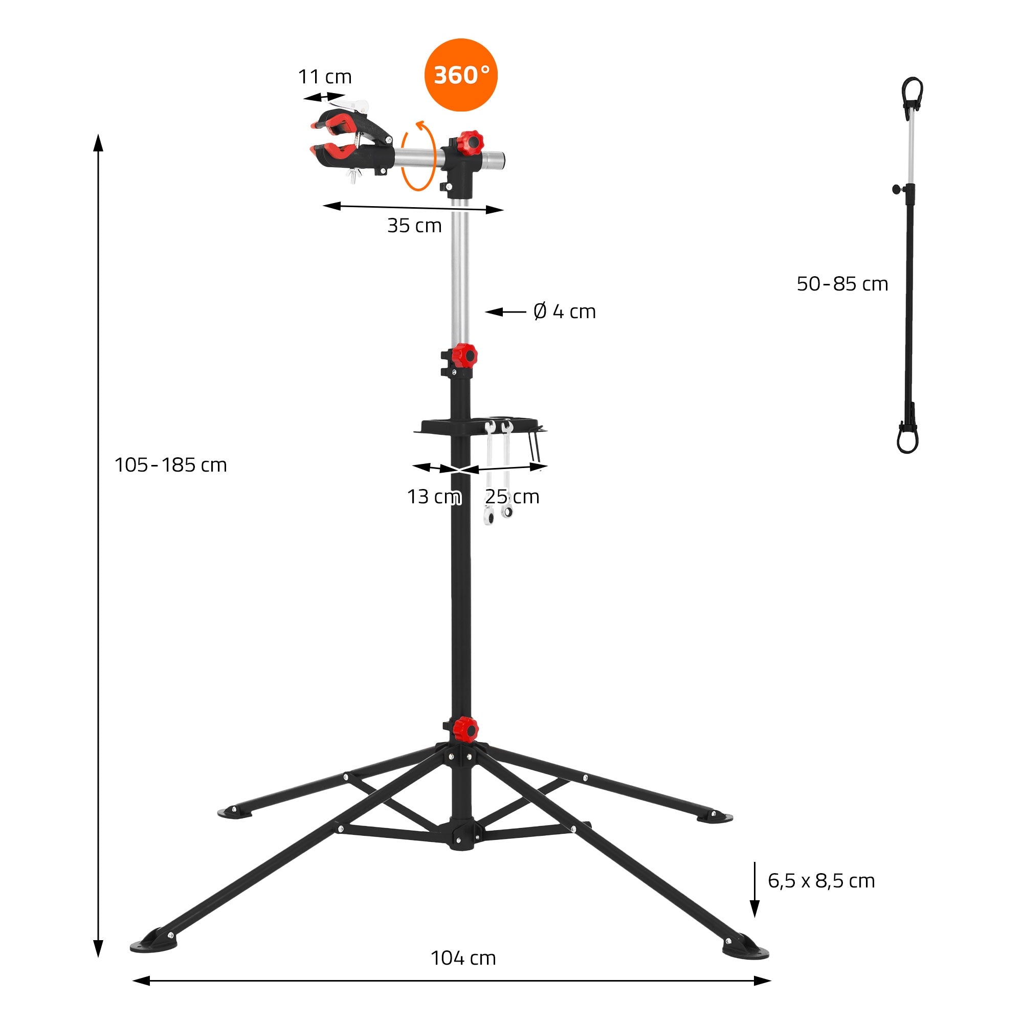 Een in hoogte verstelbare standaard met afmetingen en een 360° draaibare kop.