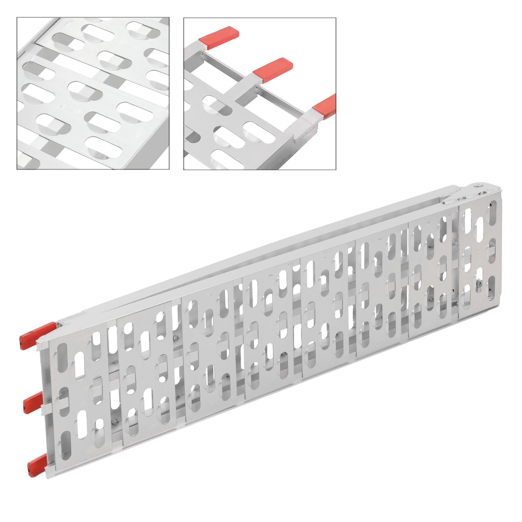 Étagère en métal avec des poignées rouges, rectangulaire, avec des trous pour la ventilation.