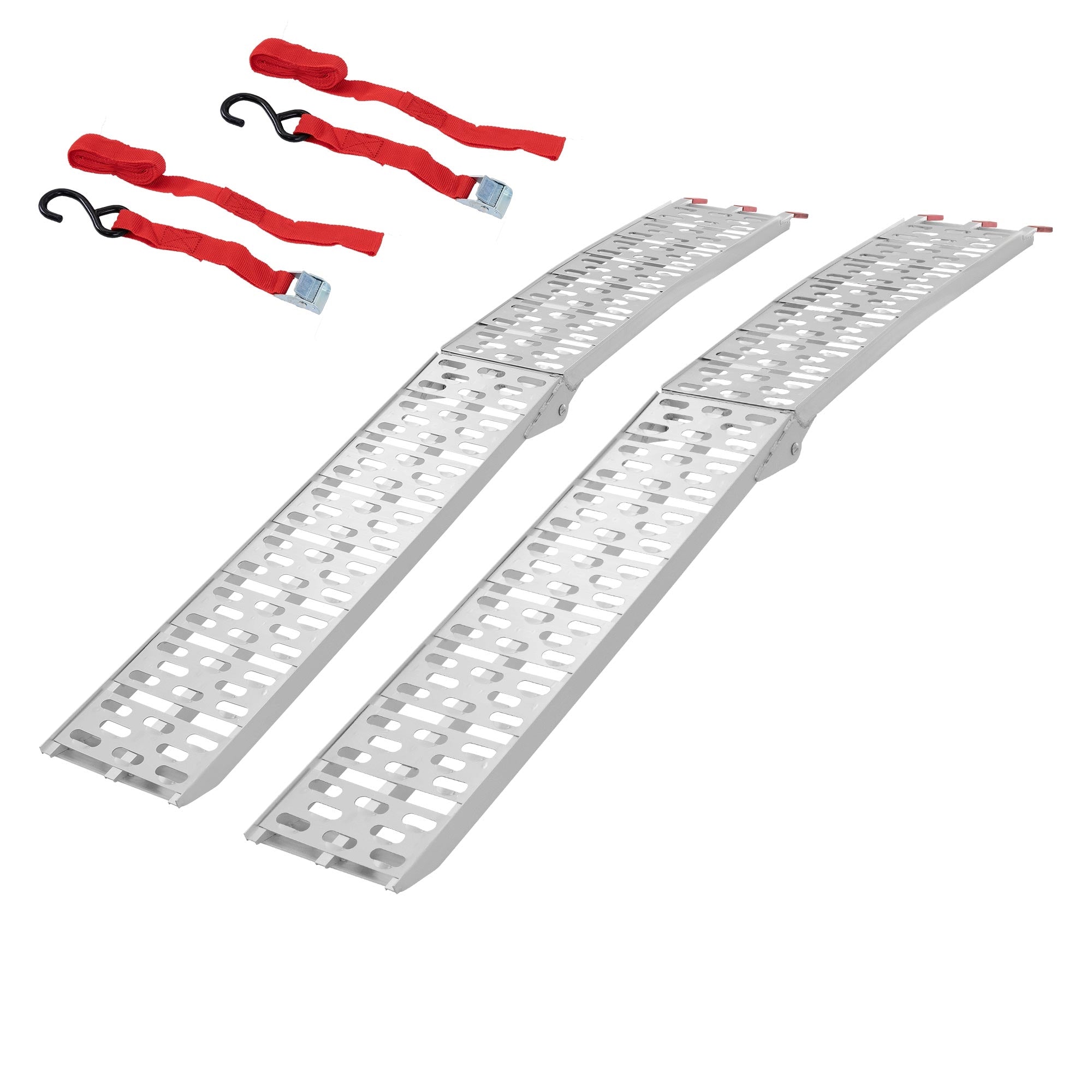 Zwei Aluminium-Rampen mit roten Gurten und Haken.