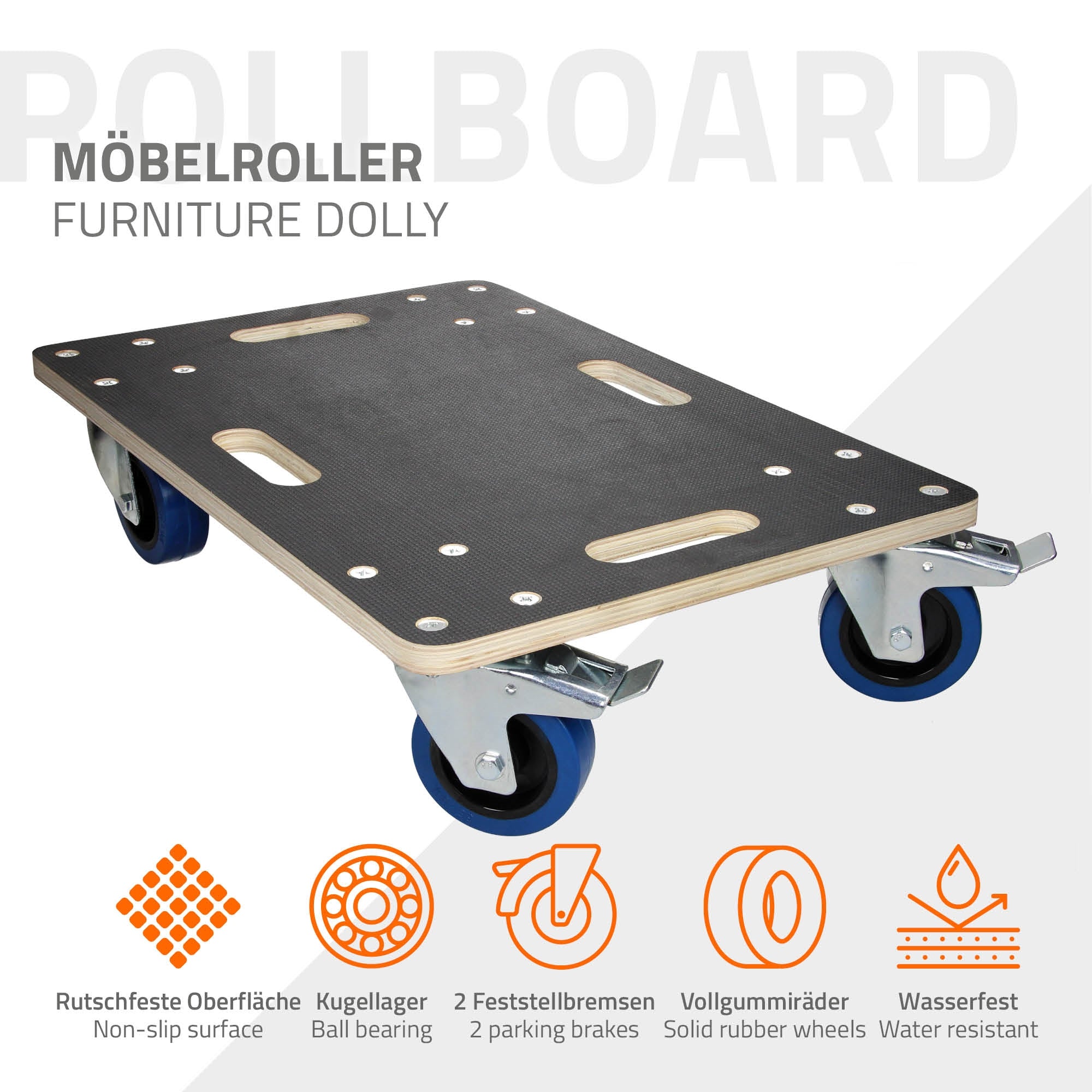 Möbelroller mit rutschfester Oberfläche und technischen Details.
