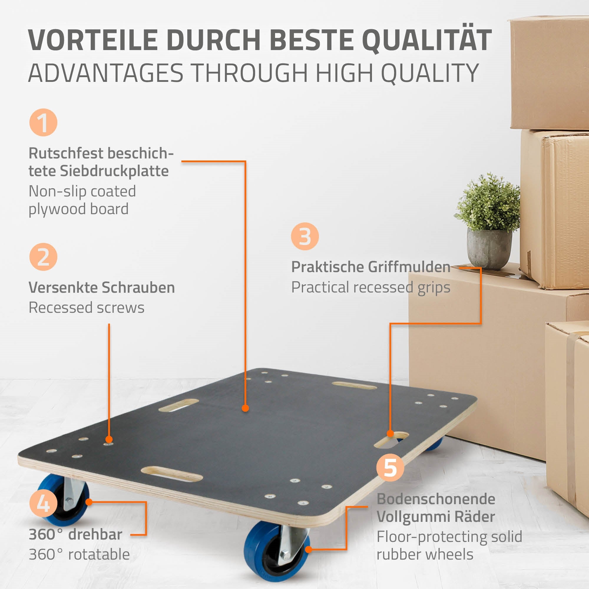Black transport board with blue wheels and non-slip surface.