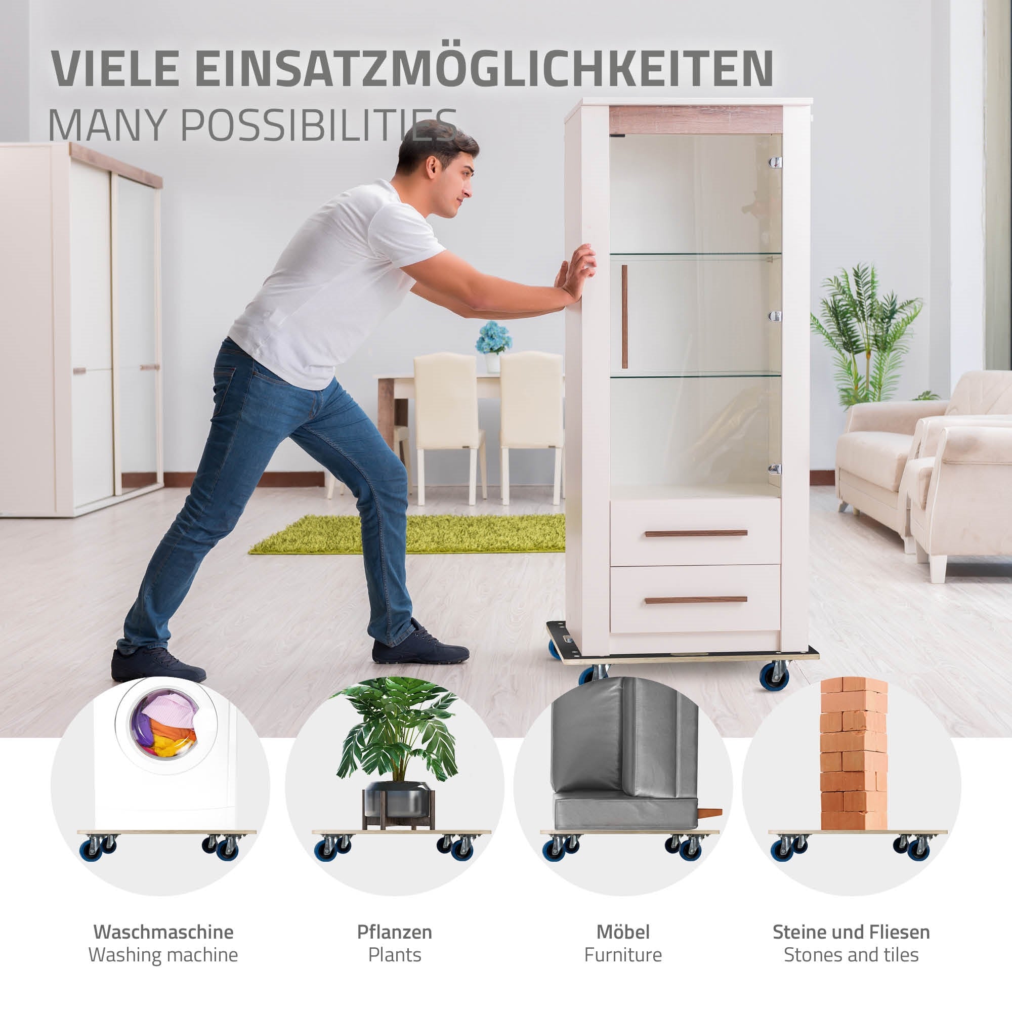 Person pushing a furniture dolly with a cabinet.