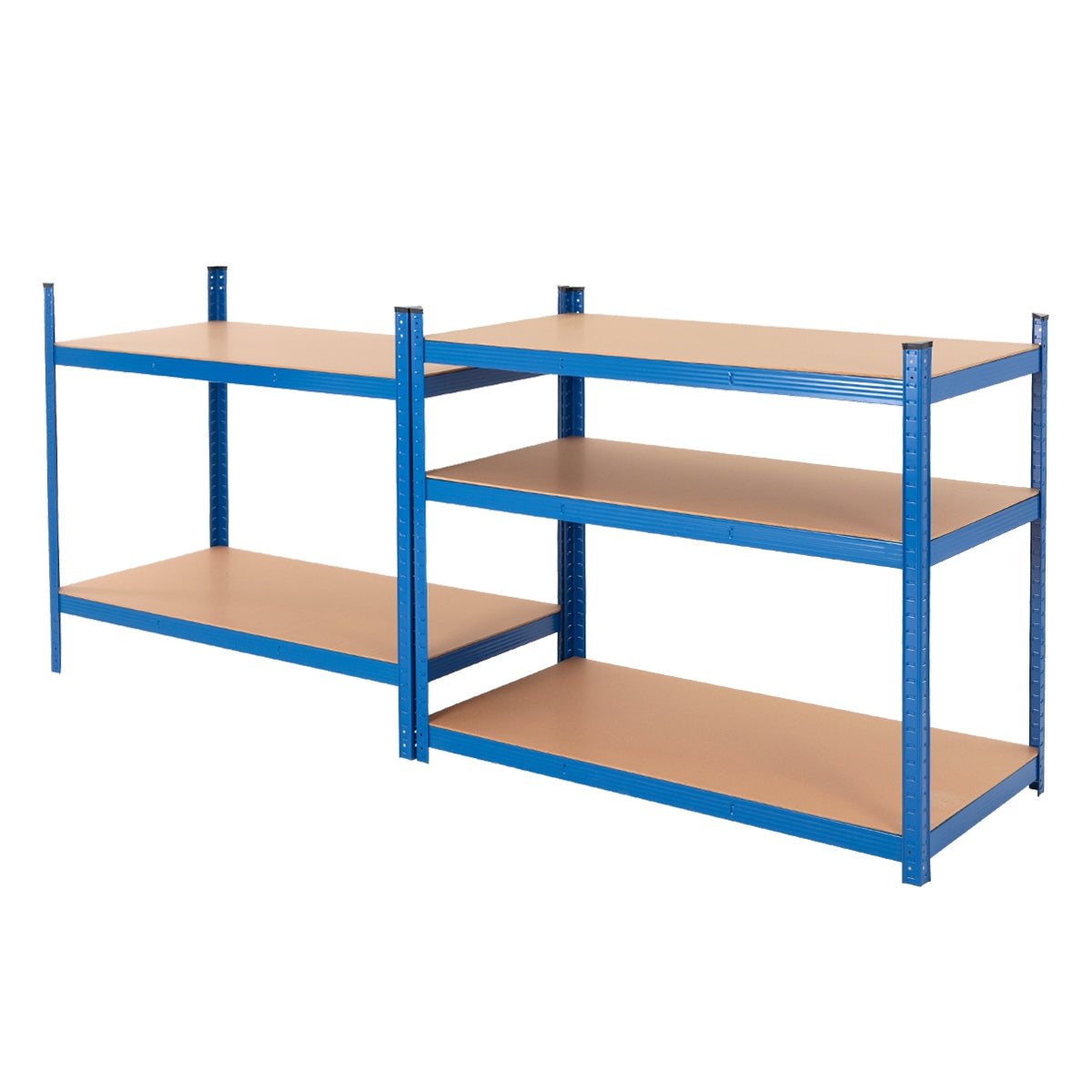 Close-up van een blauw rek met een plank.