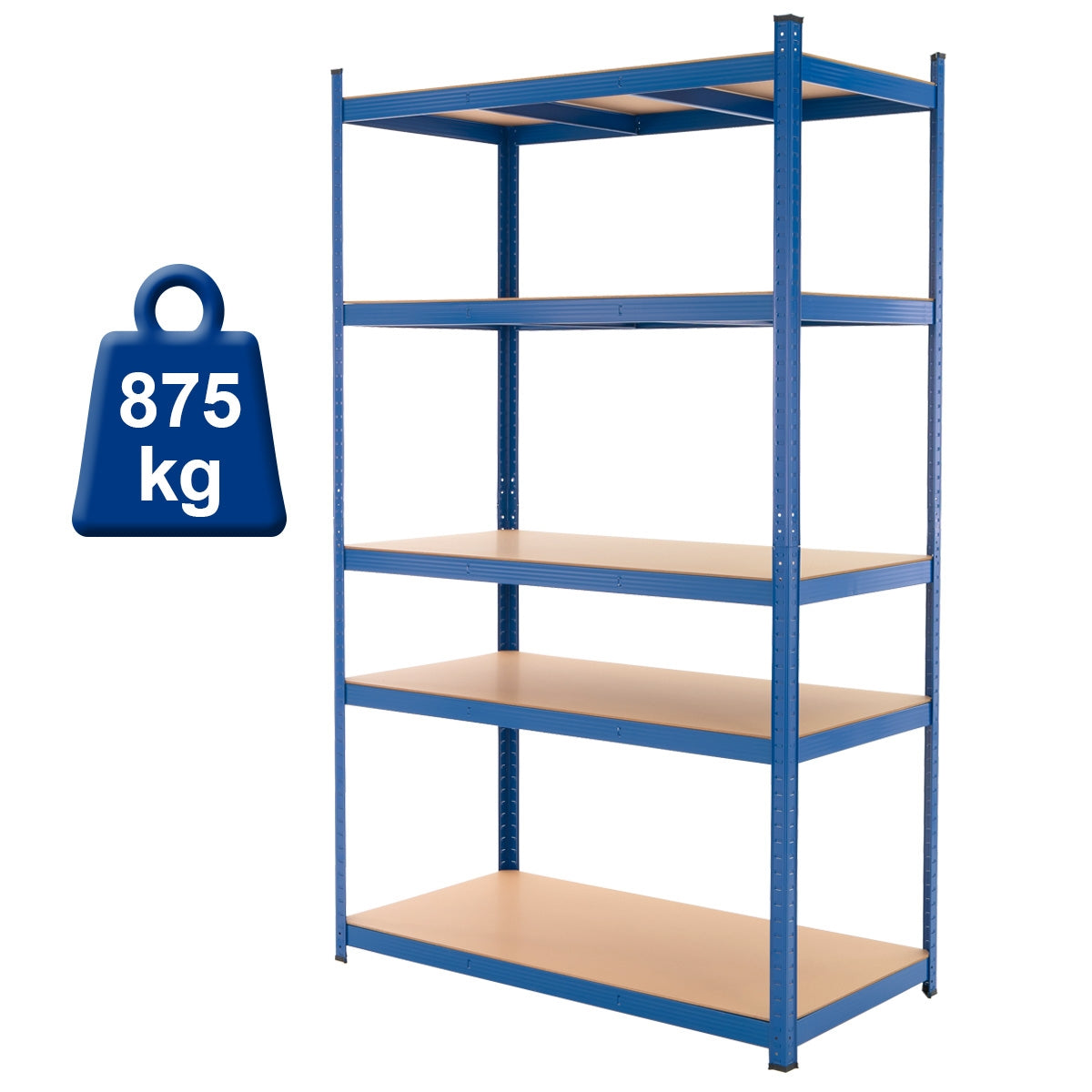 Polc négy polccal, kék keret, maximális terhelhetőség 875 kg.