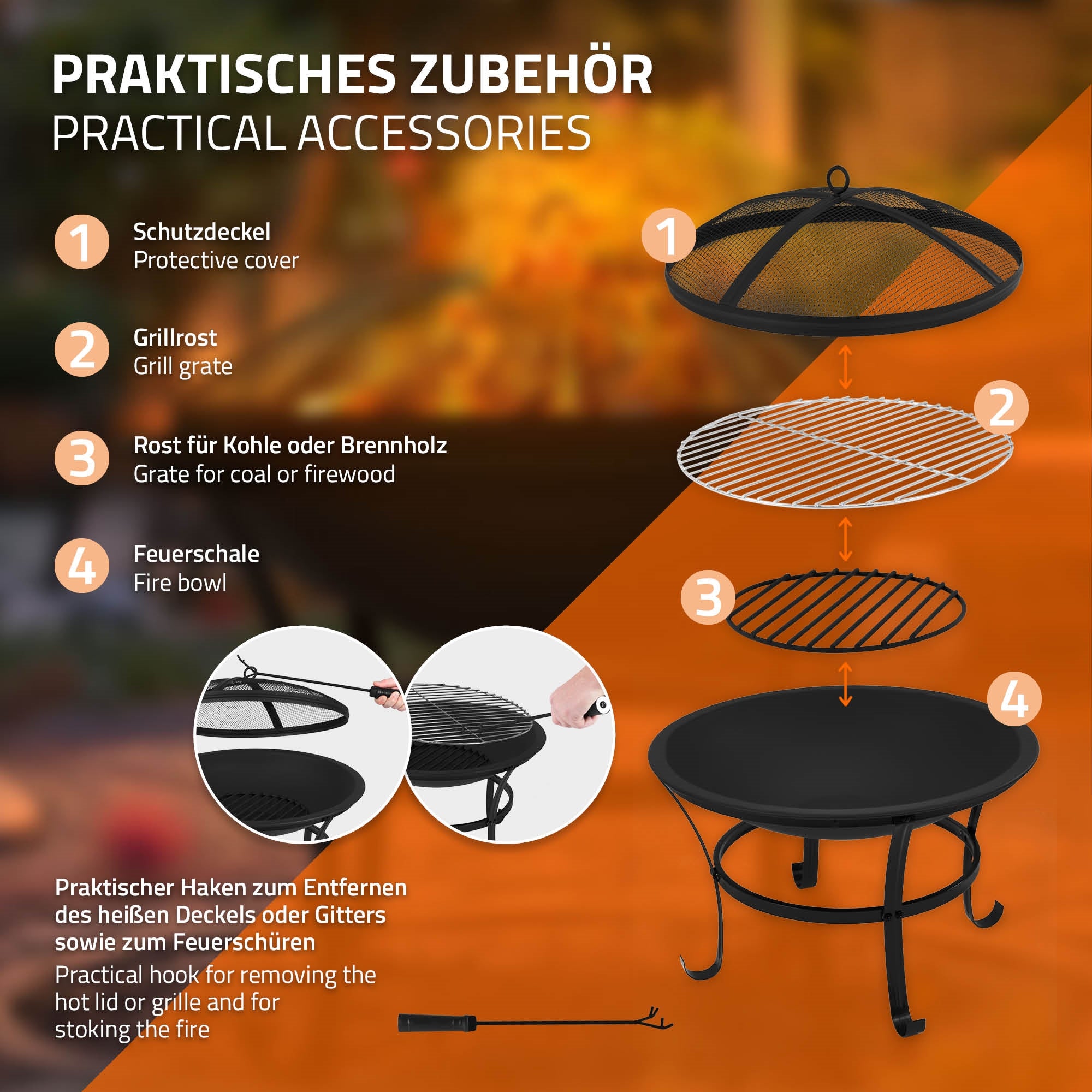 Diagram met verschillende grillaccessoires en hun functies.