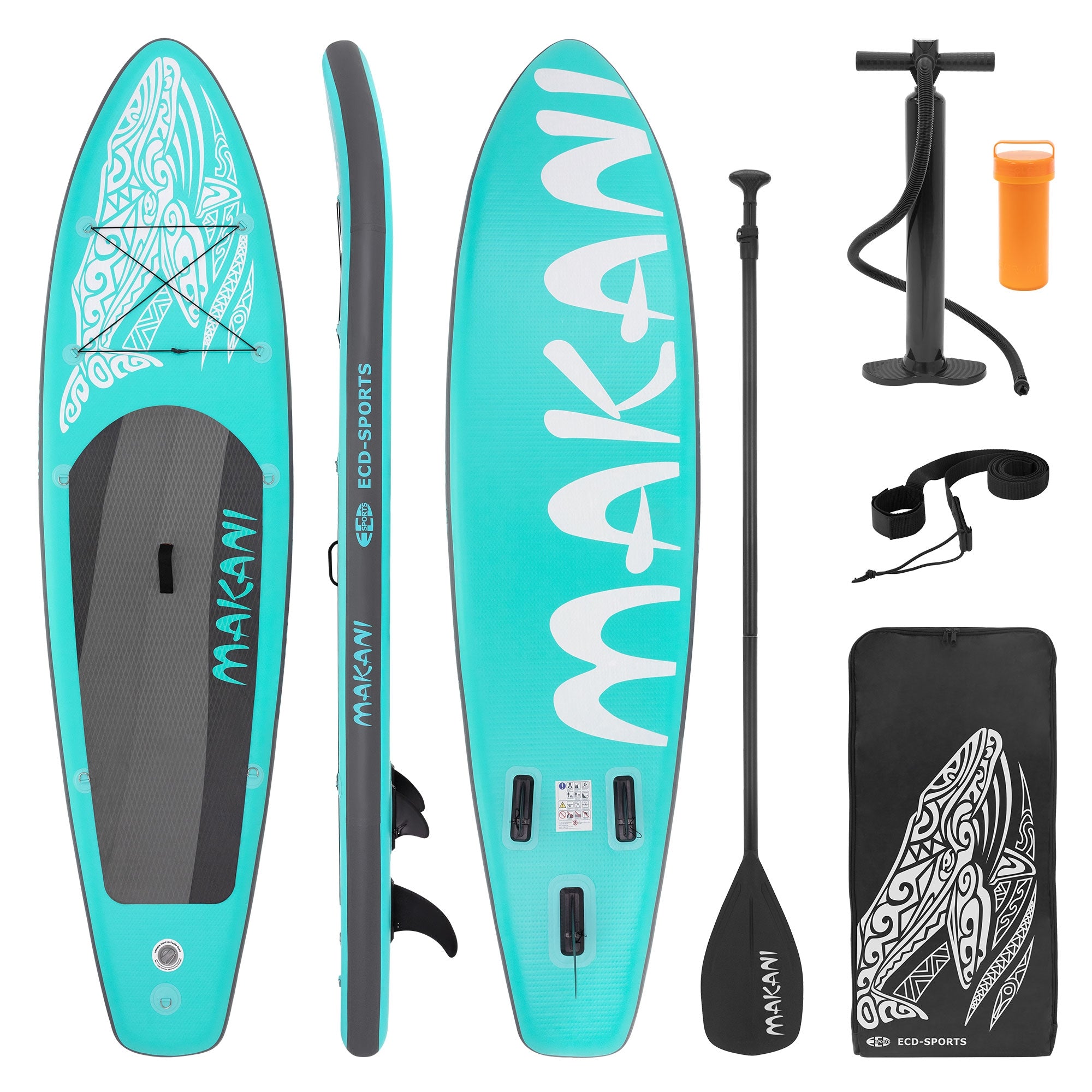 Stand-Up-Paddle-Board s příslušenstvím: pádlo, pumpa a taška na přenášení.