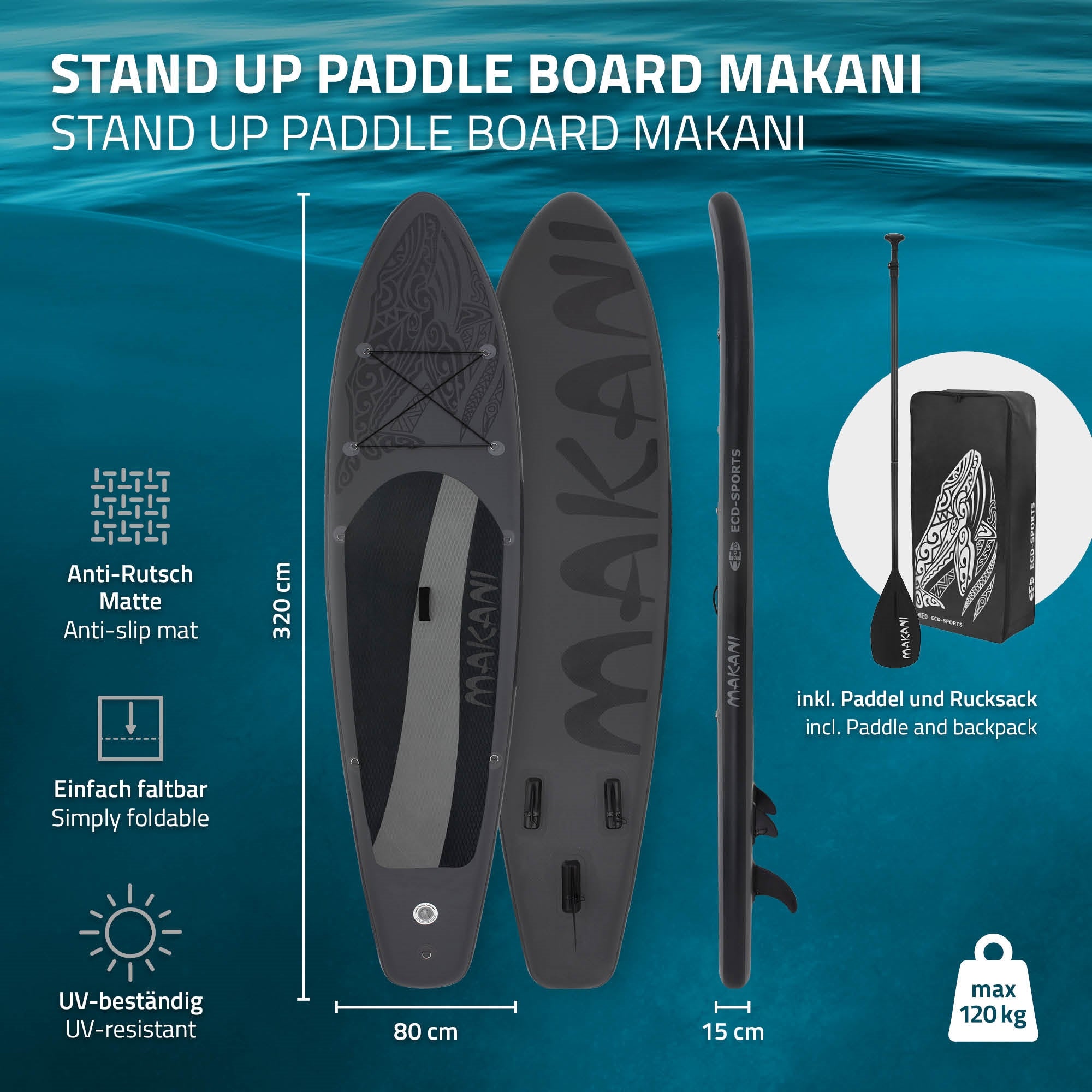 Stand-Up-Paddle-Board Makani mit Faltmechanismus und Zubehör.