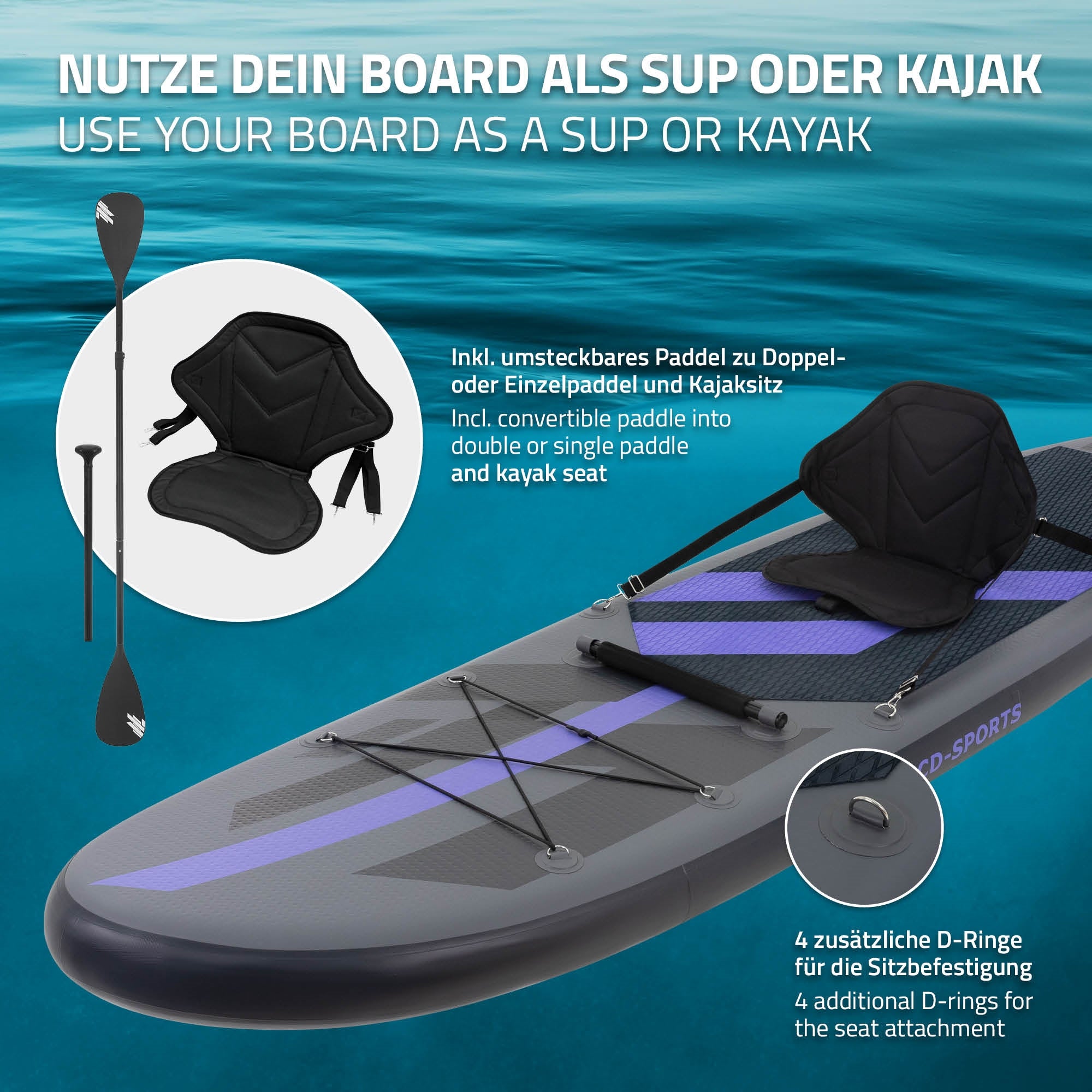 Stand-Up-Paddle-Board, jossa on istumismahdollisuus ja D-renkaat.