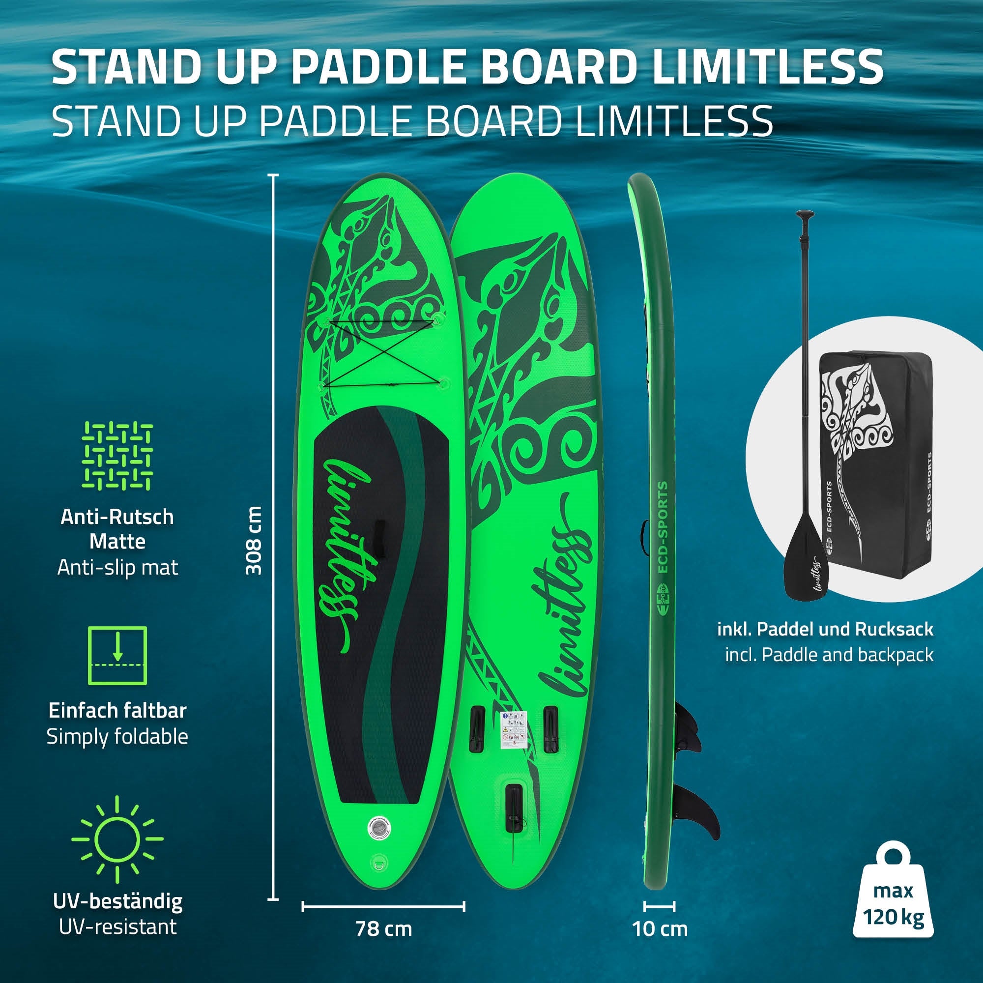 Grafik eines grünen Stand-Up-Paddle-Boards mit Zubehör und Eigenschaften.