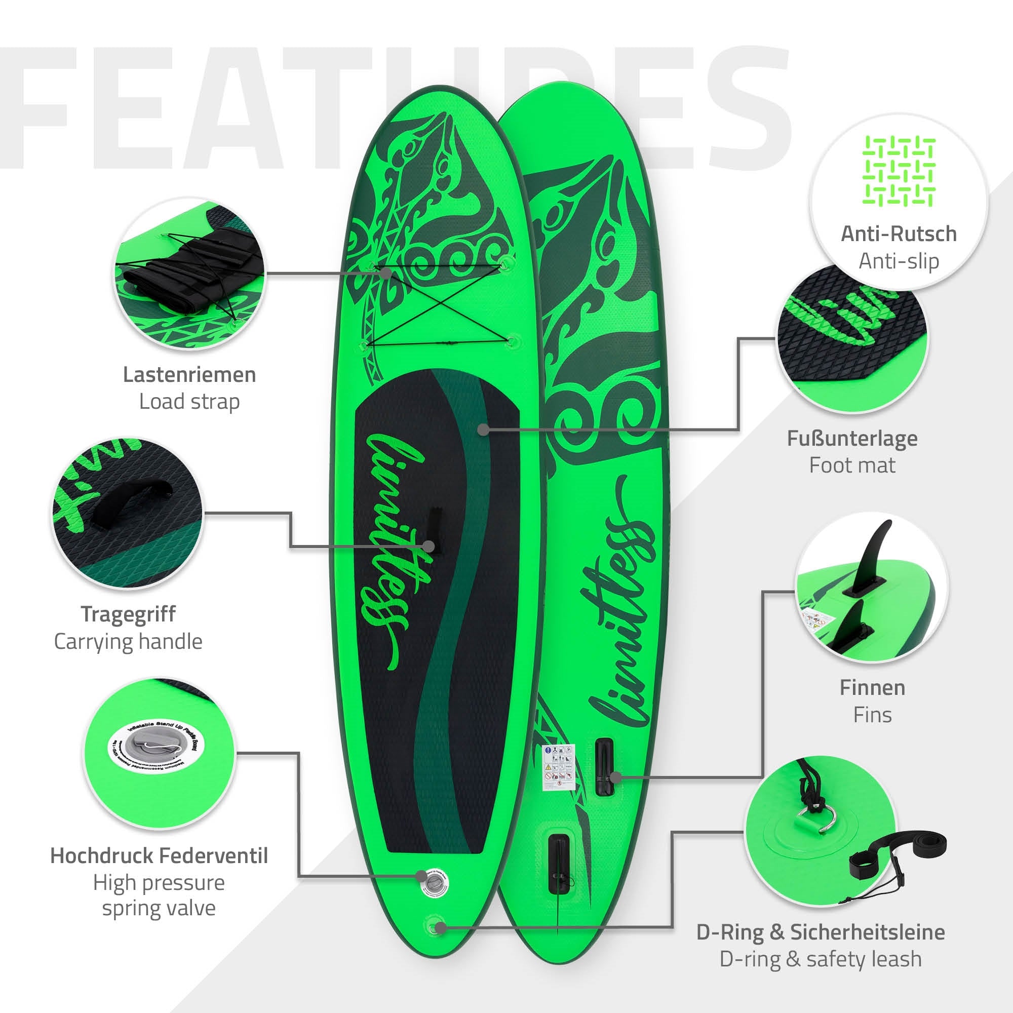 Grünes Stand-Up-Paddle-Board mit verschiedenen Merkmalen und Zubehörteilen.