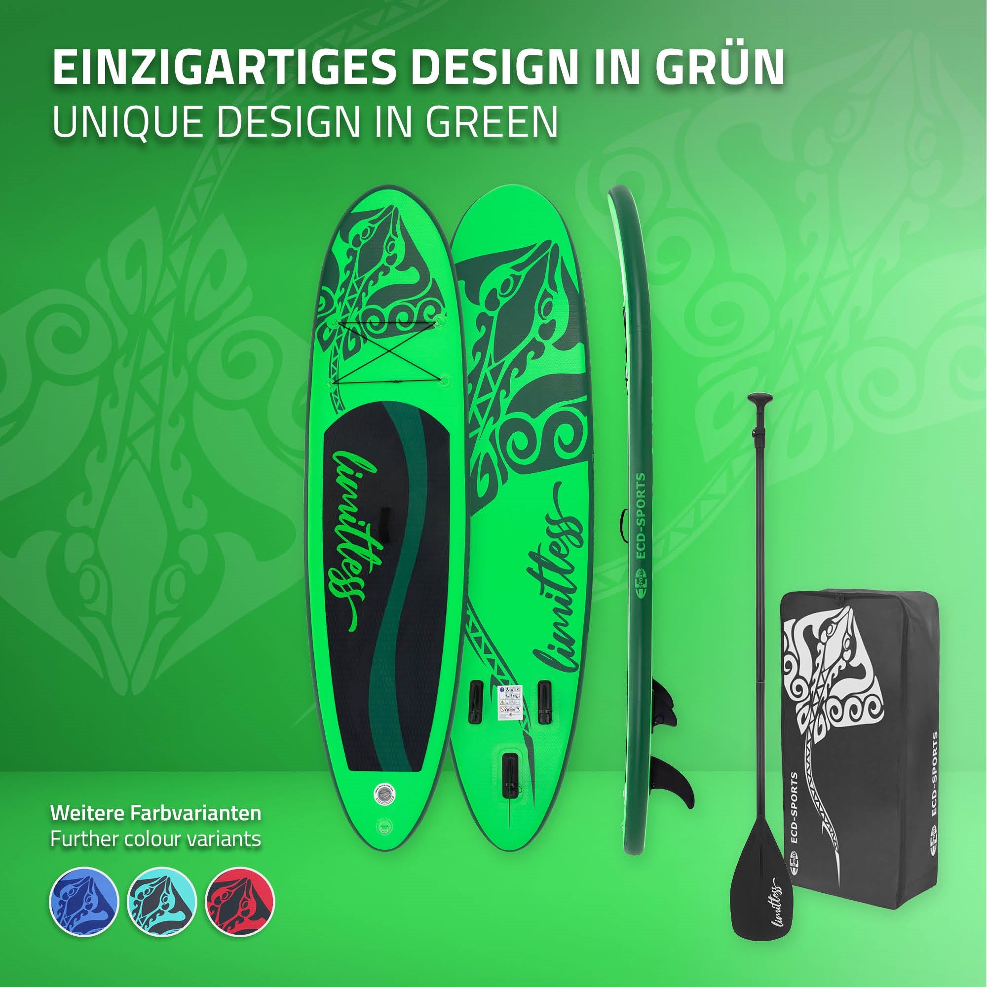 Grünes Stand-Up-Paddle-Board mit dekorativen Mustern und Zubehör.