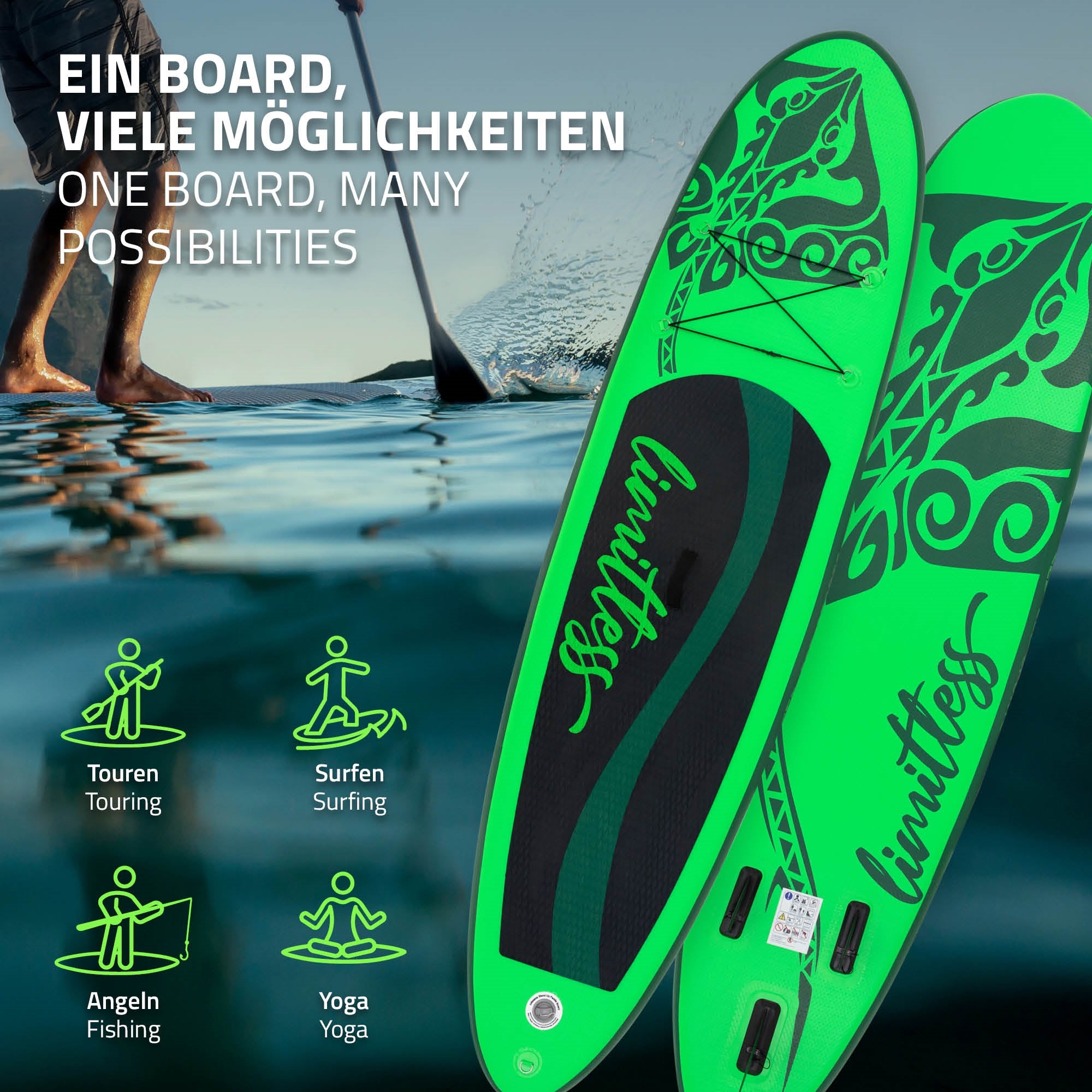 Grünes Stand-Up-Paddle-Board mit verschiedenen Nutzungsmöglichkeiten und Symbolen.