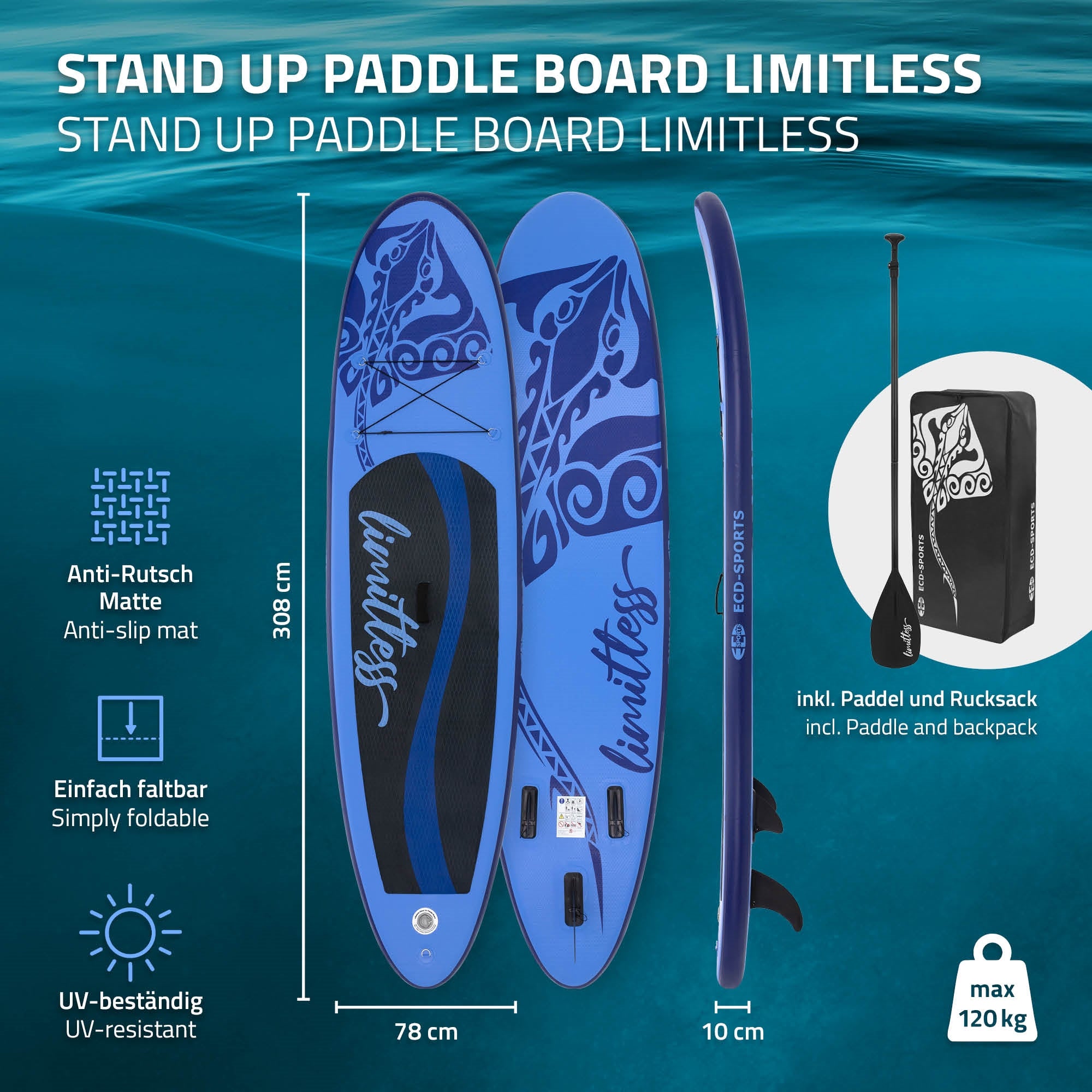 Stand-Up Paddle Board avec accessoires et détails techniques.