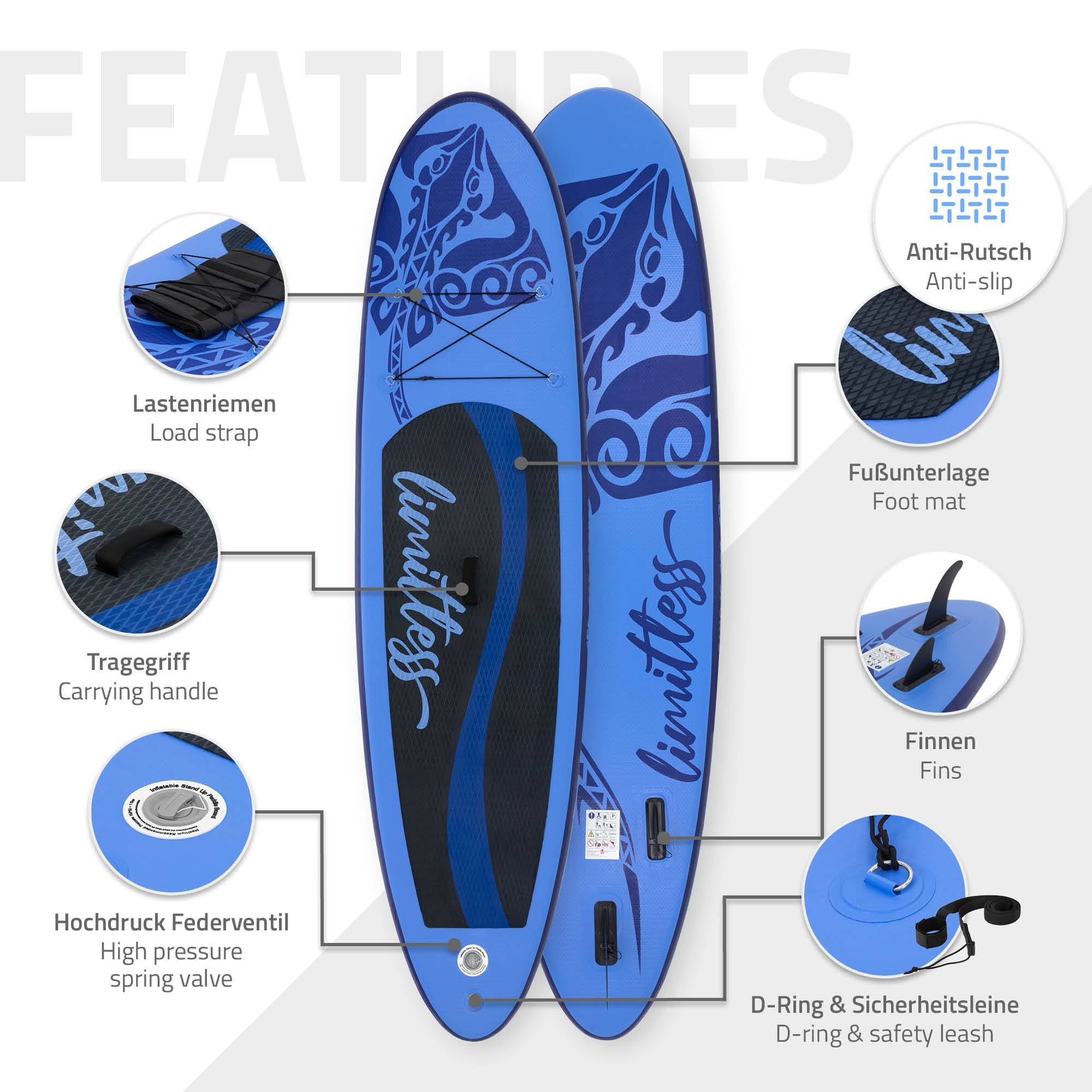 Stand-Up Paddle Board bleu avec différentes caractéristiques et détails.