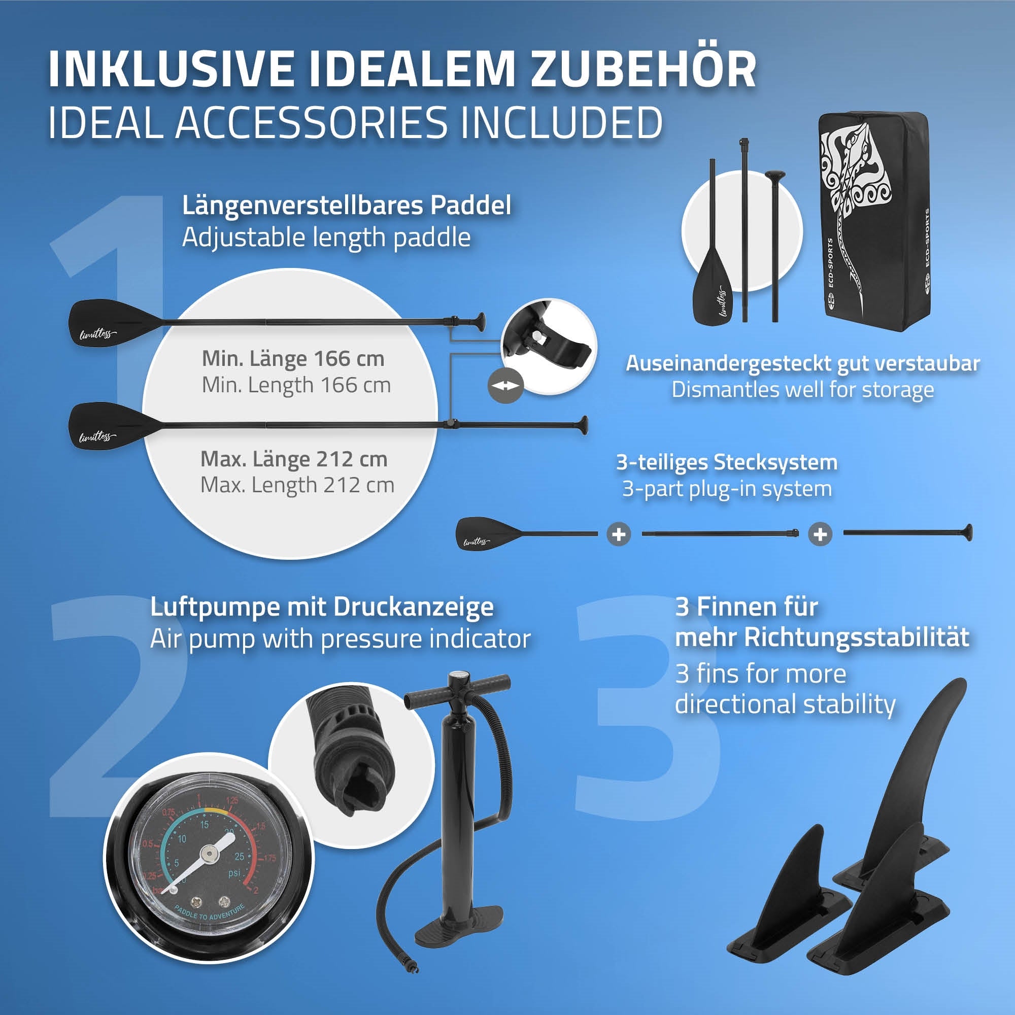 Graphique avec accessoires pour kayak, y compris pagaie et ailerons.