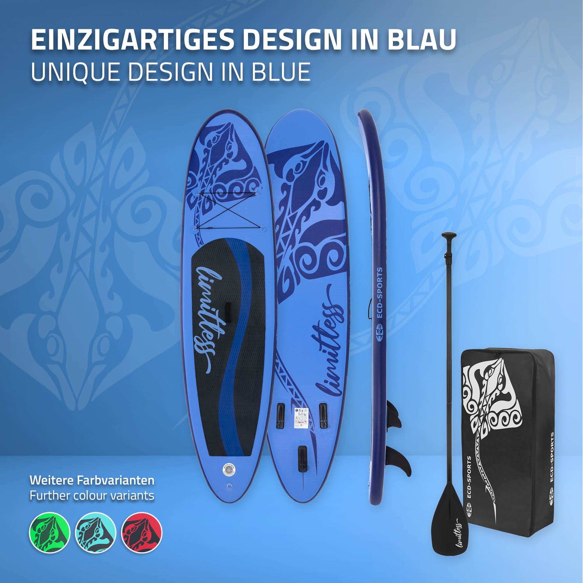 Deux Stand-Up Paddle Boards bleus avec une pagaie et un sac de transport.