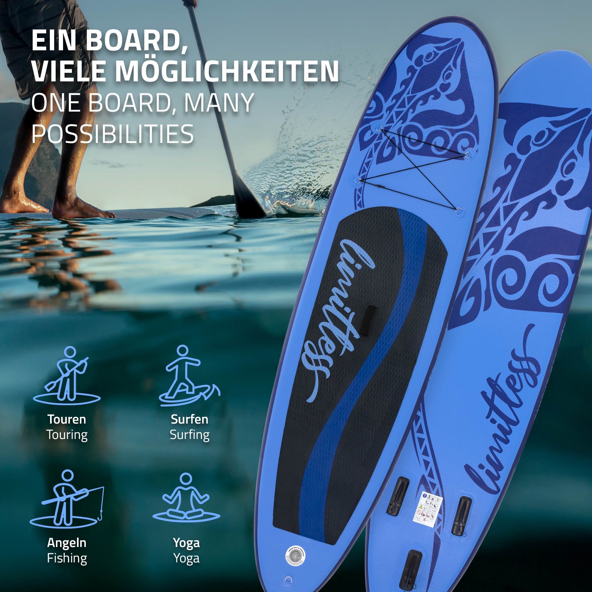 Deux Stand-Up Paddle Boards bleus avec différents symboles pour les activités.