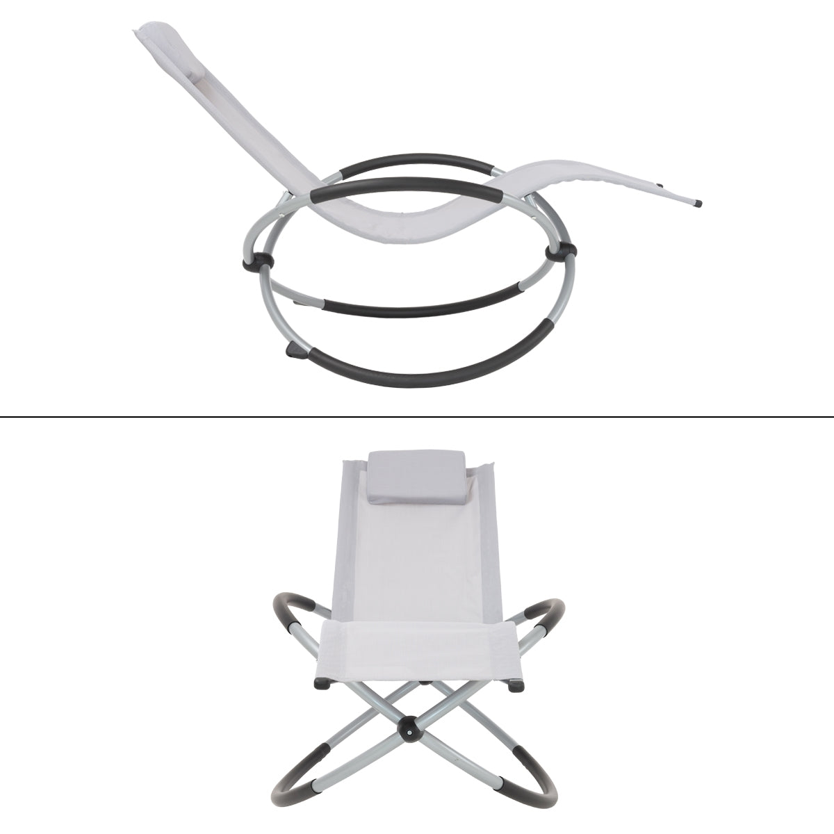 Rocking chair with gray upholstery and round base.
