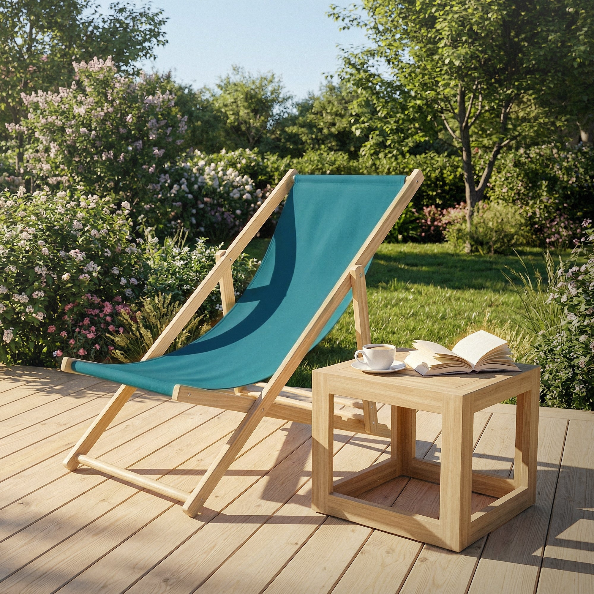 Strandstoel op een terras met bloemen, tafel, boek en kopje.