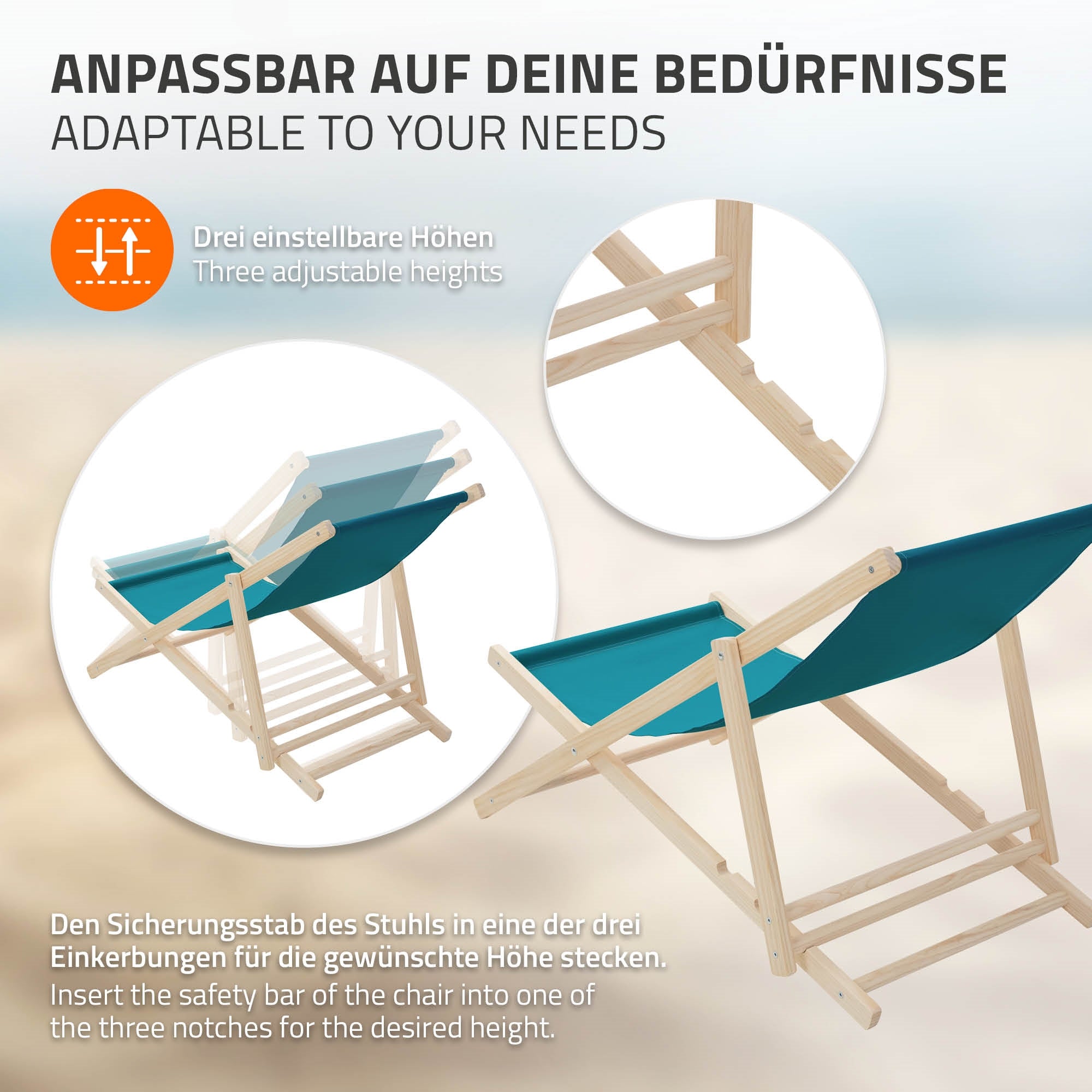 Strandligstoel met drie verstelbare hoogtes, op een lichte achtergrond.
