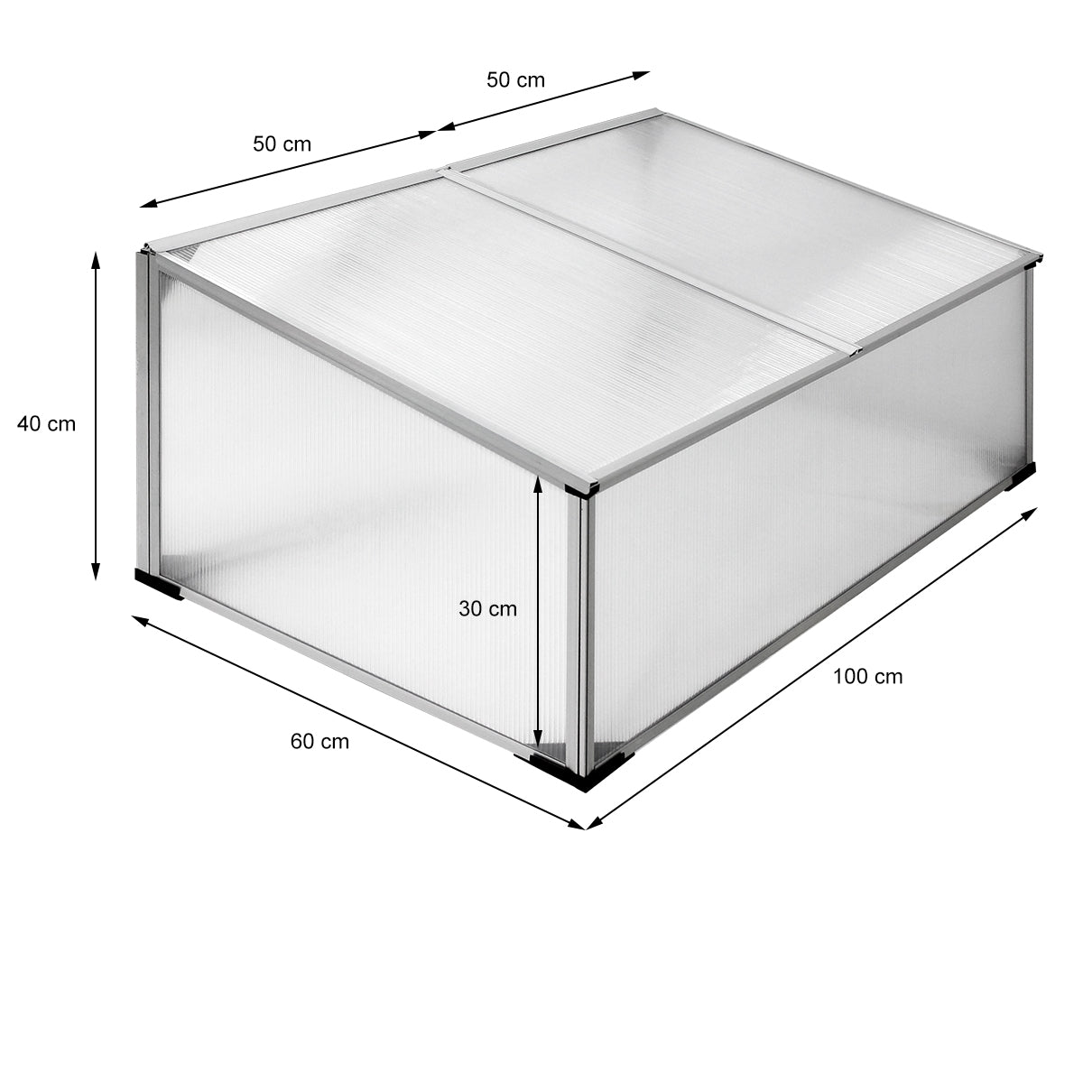 Ein Gewächshaus mit Maßen: 100 cm x 60 cm x 40 cm, mit transparenten Wänden.