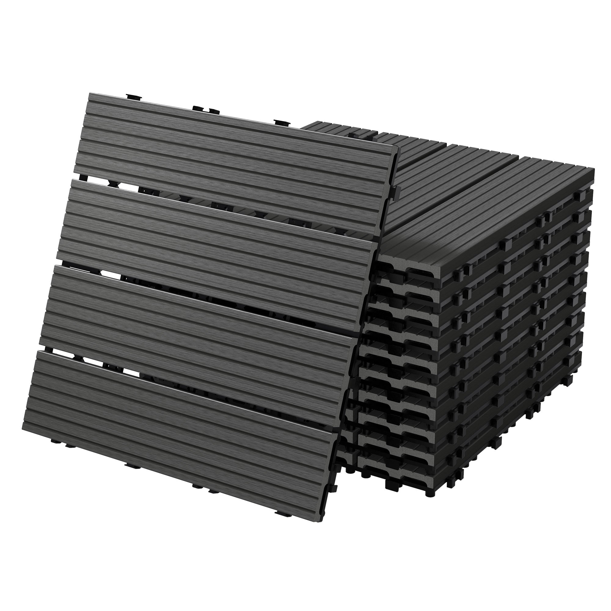 Stapel von schwarzen Holz- und Kunststofffliesen, in verschiedenen Positionen.