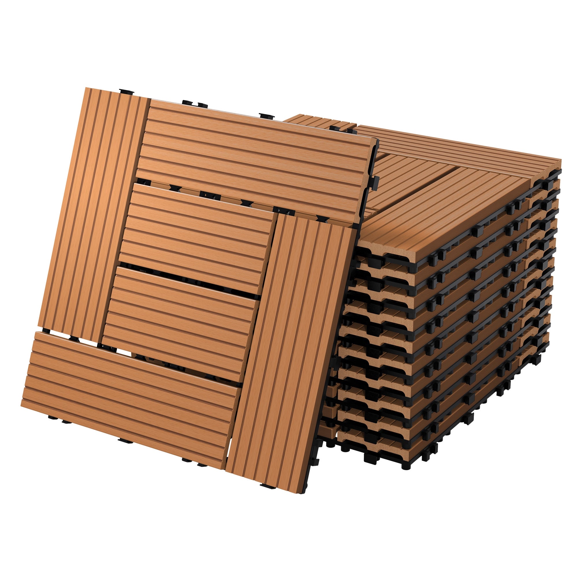 Stapelhaufen von braunen WPC-Fliesen mit geriffelter Oberfläche.