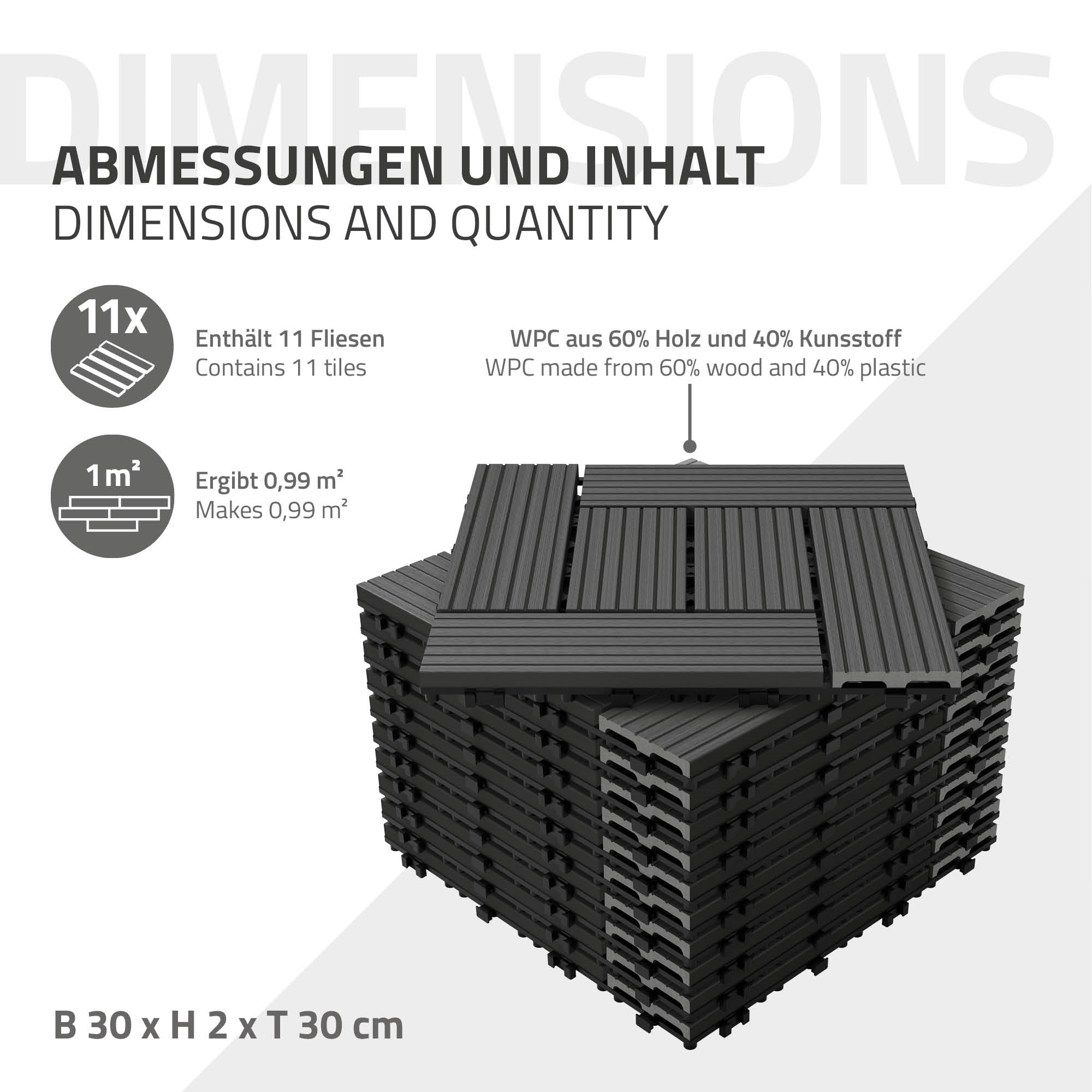 Stak af fliser med dimensioner og materialebeskrivelser.
