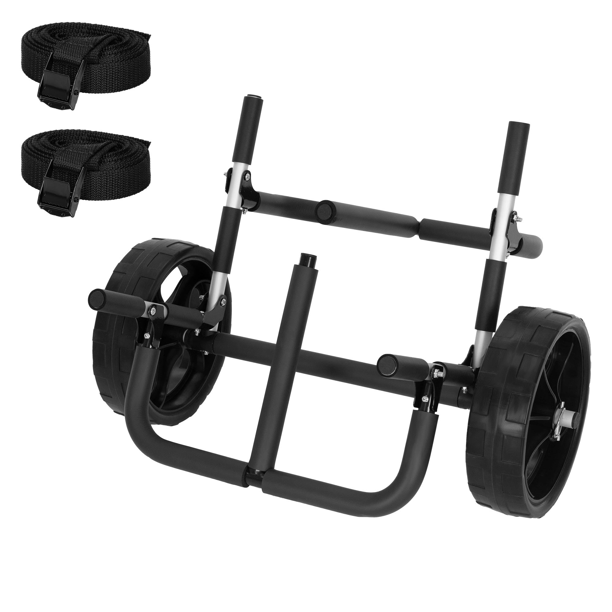Black cart with two large wheels and two straps.