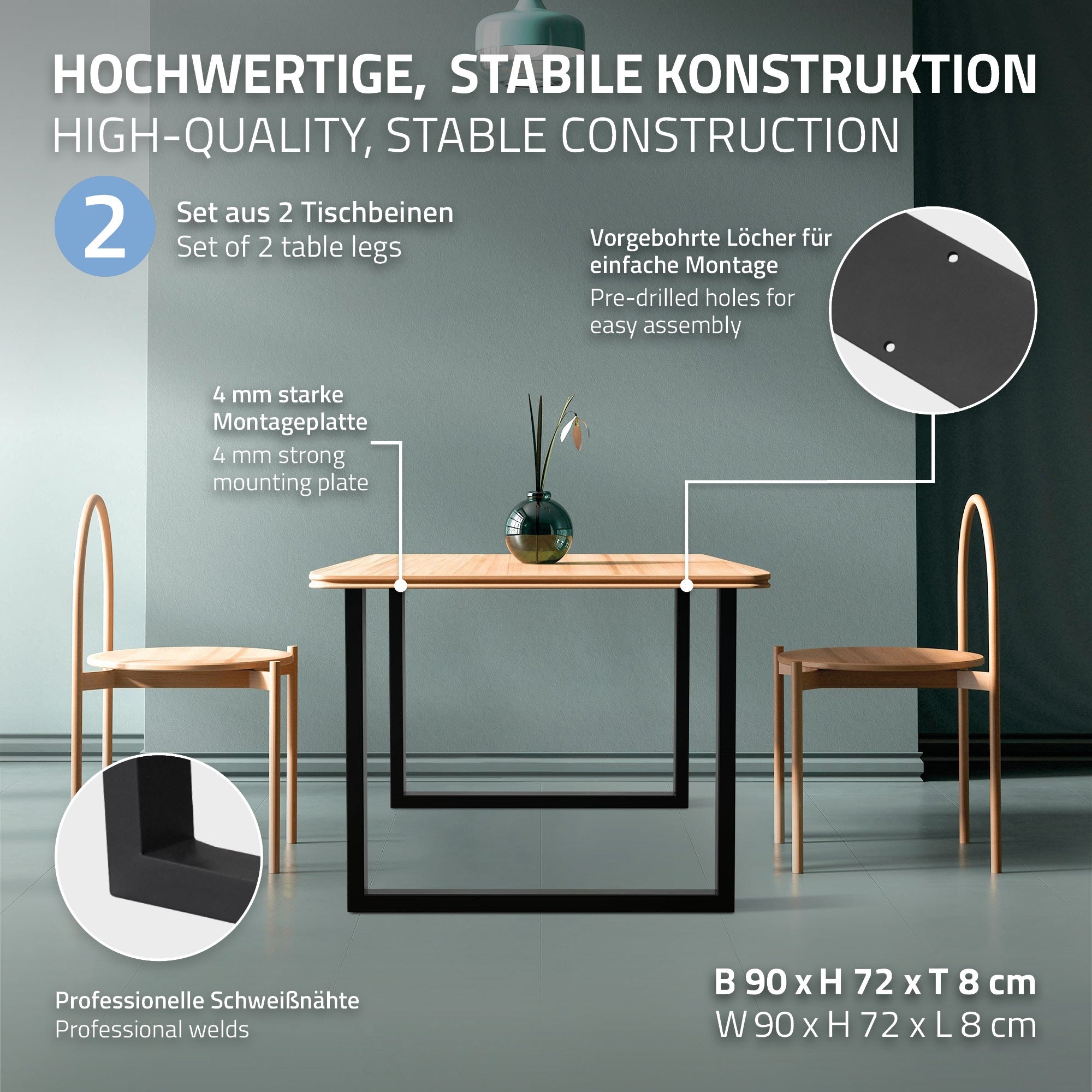 Table with stable construction, two chairs, and an assembly description.