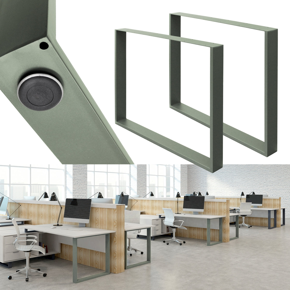 Bureau avec plusieurs postes de travail, bureaux et moniteurs.