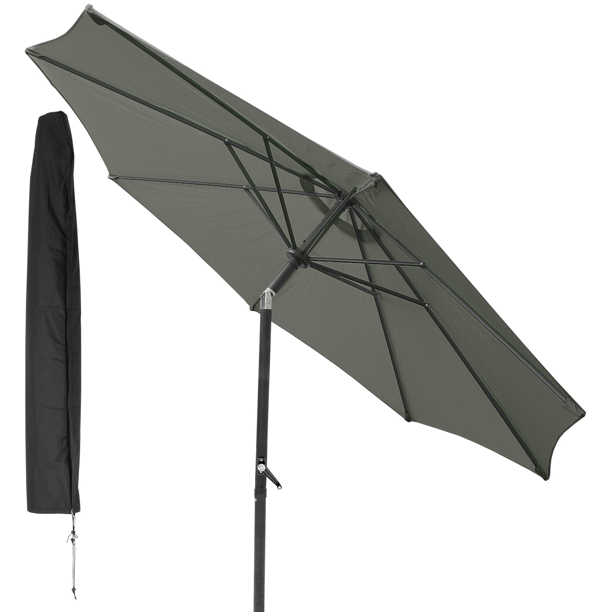 Un grand parasol en vert olive, sur un support, avec une housse de protection noire.