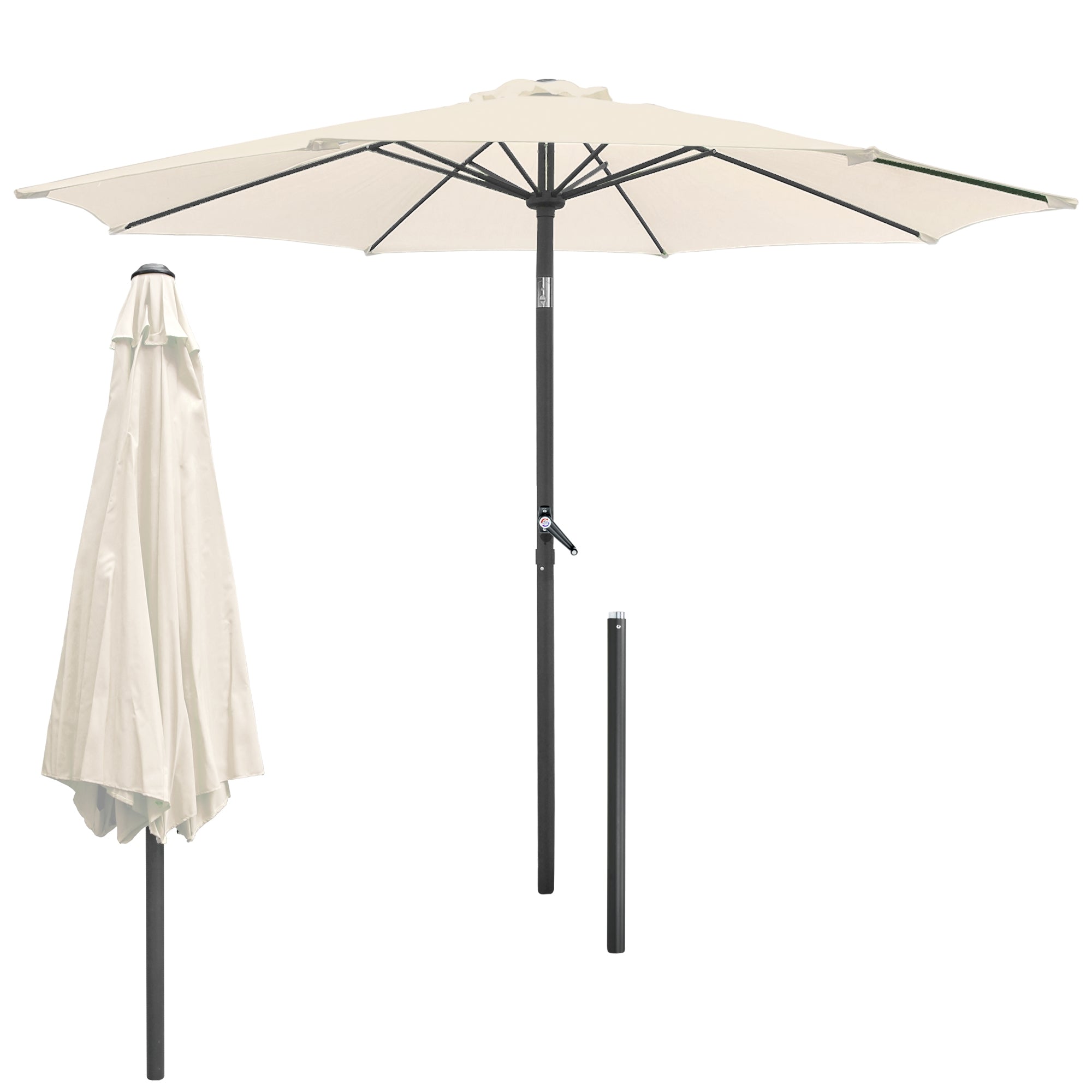 Parasol beige avec des indications de taille, déplié et replié.