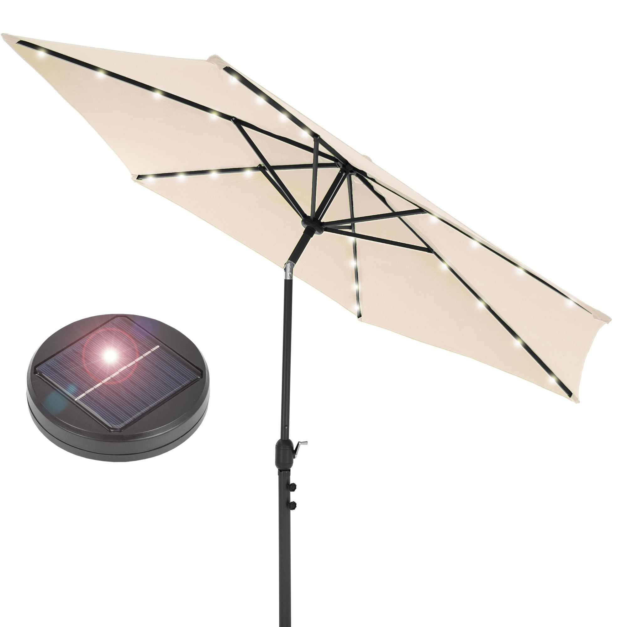 Sonnenschirm mit integrierten Lichtern und Solarpanel.
