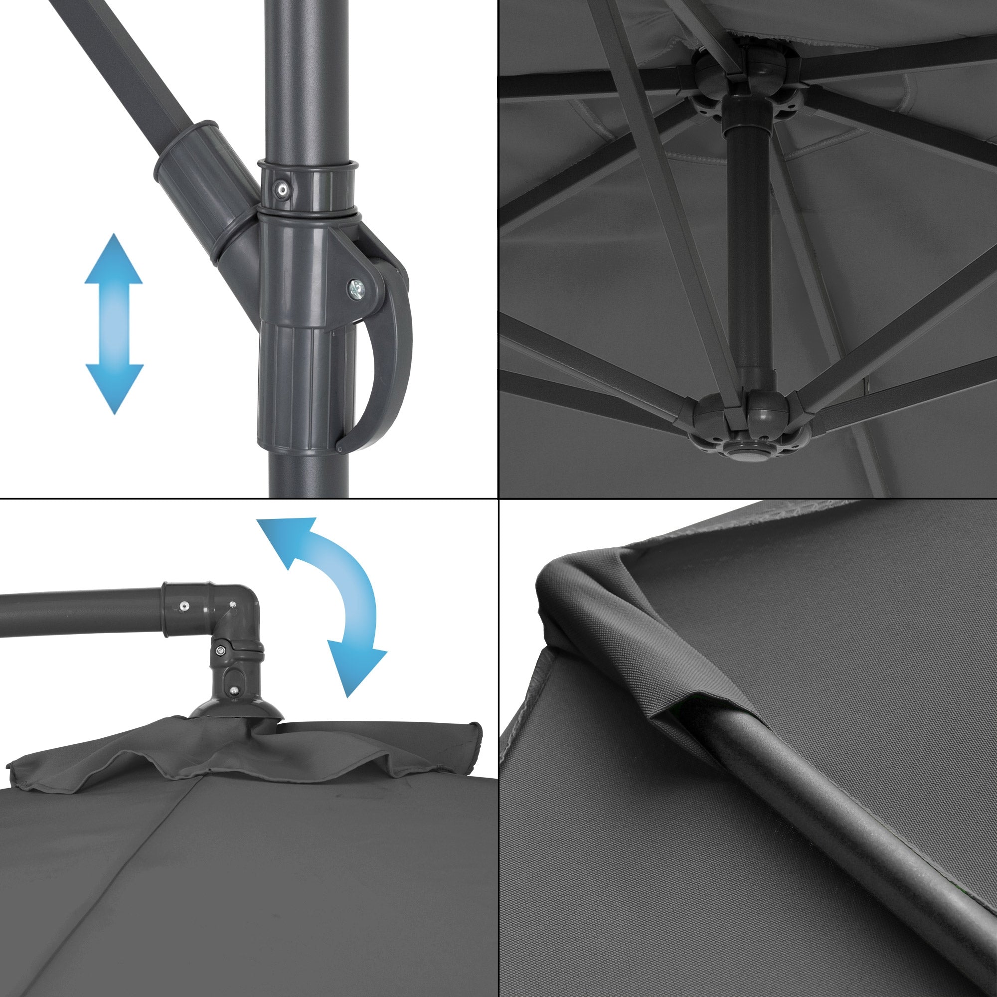 Detailaufnahme der Mechanik und des Stoffes eines Sonnenschirms.