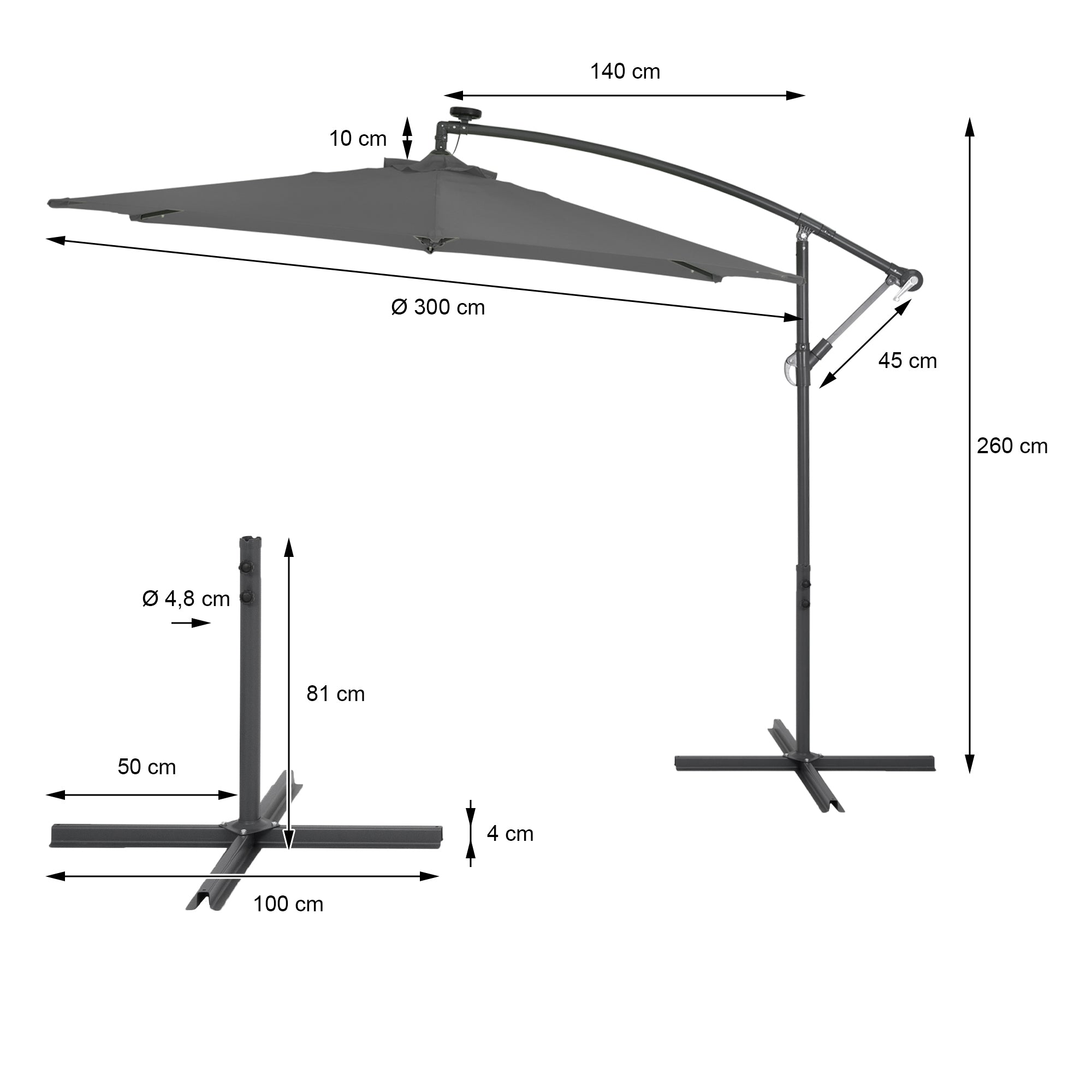 Technische Zeichnung eines Sonnenschirms mit Maßen und Details.