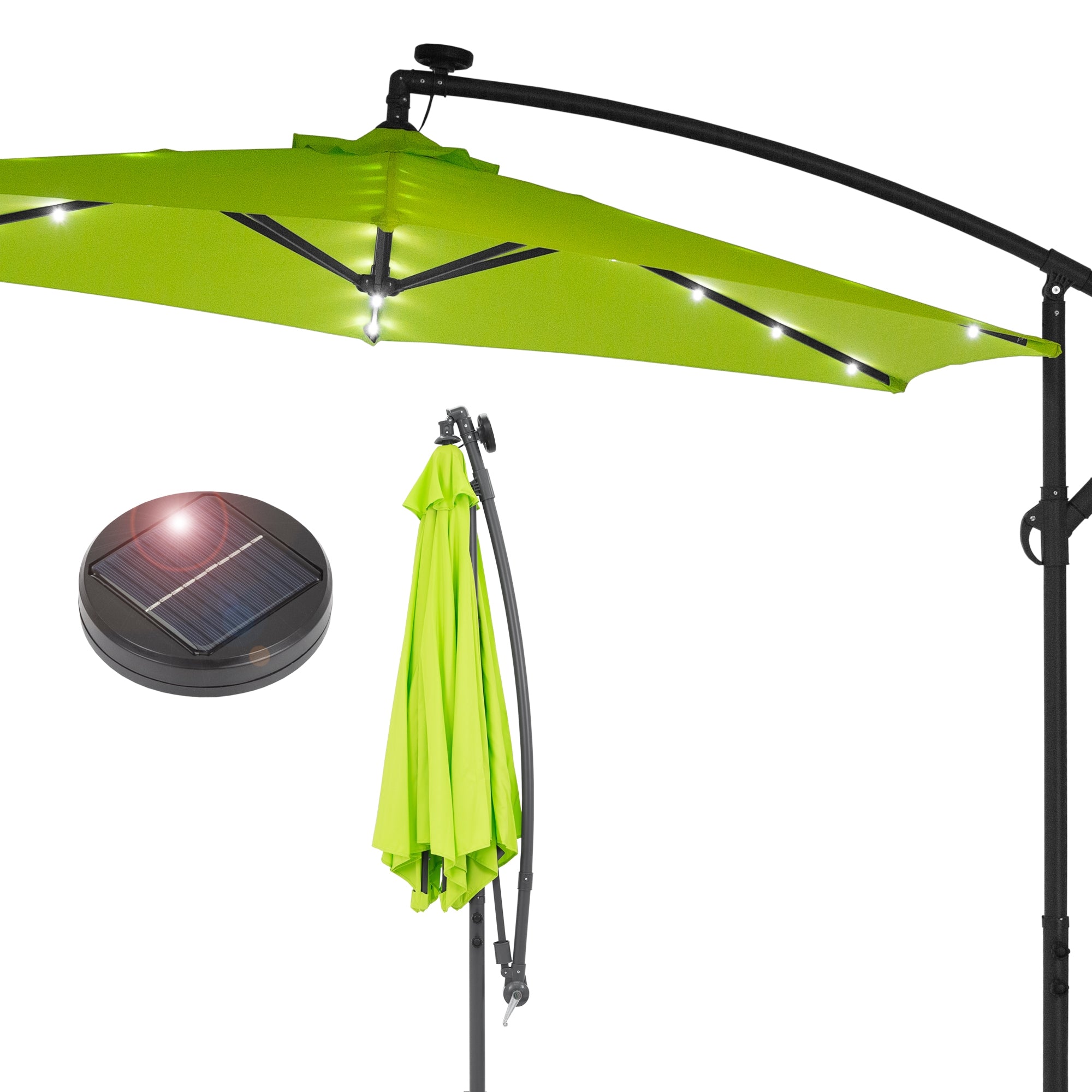 Grøn parasol med LED-belysning og et solpanel.