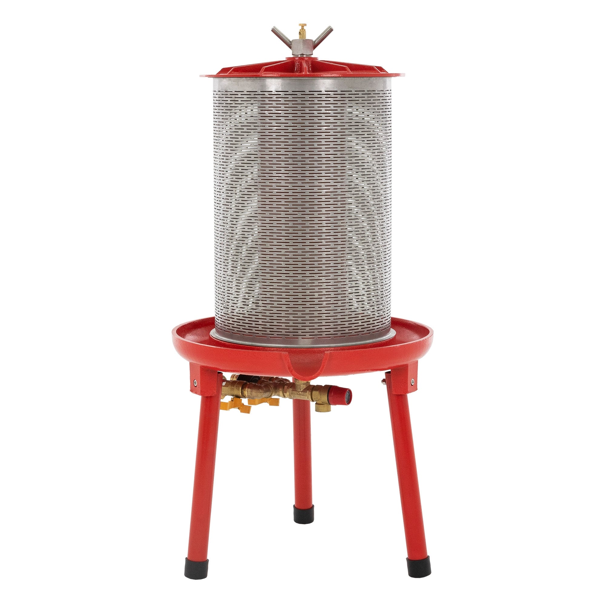 Een rode waterfilter met een cilindrische metalen container en ventielen.