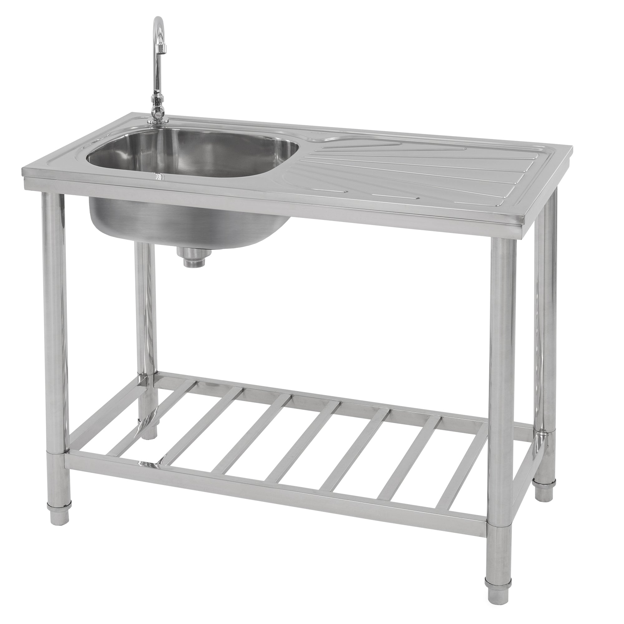 A stainless steel countertop with a sink and shelf.