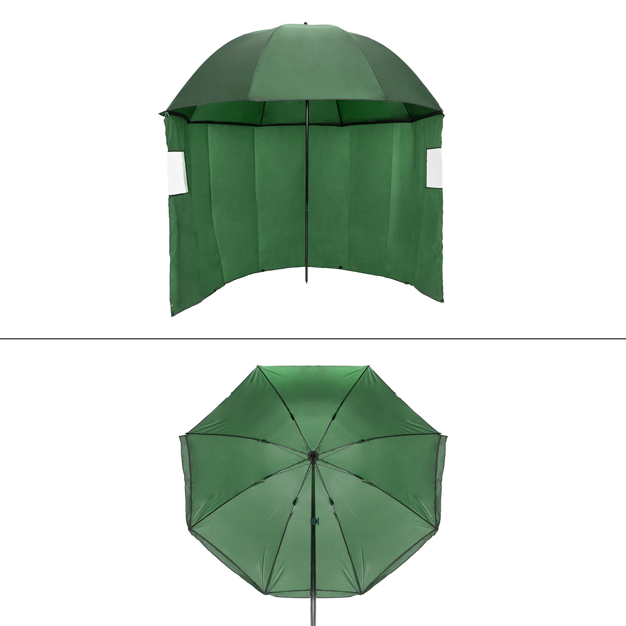 Grüner Sonnenschirm mit seitlichen Wänden, geöffnet von oben und von der Seite.