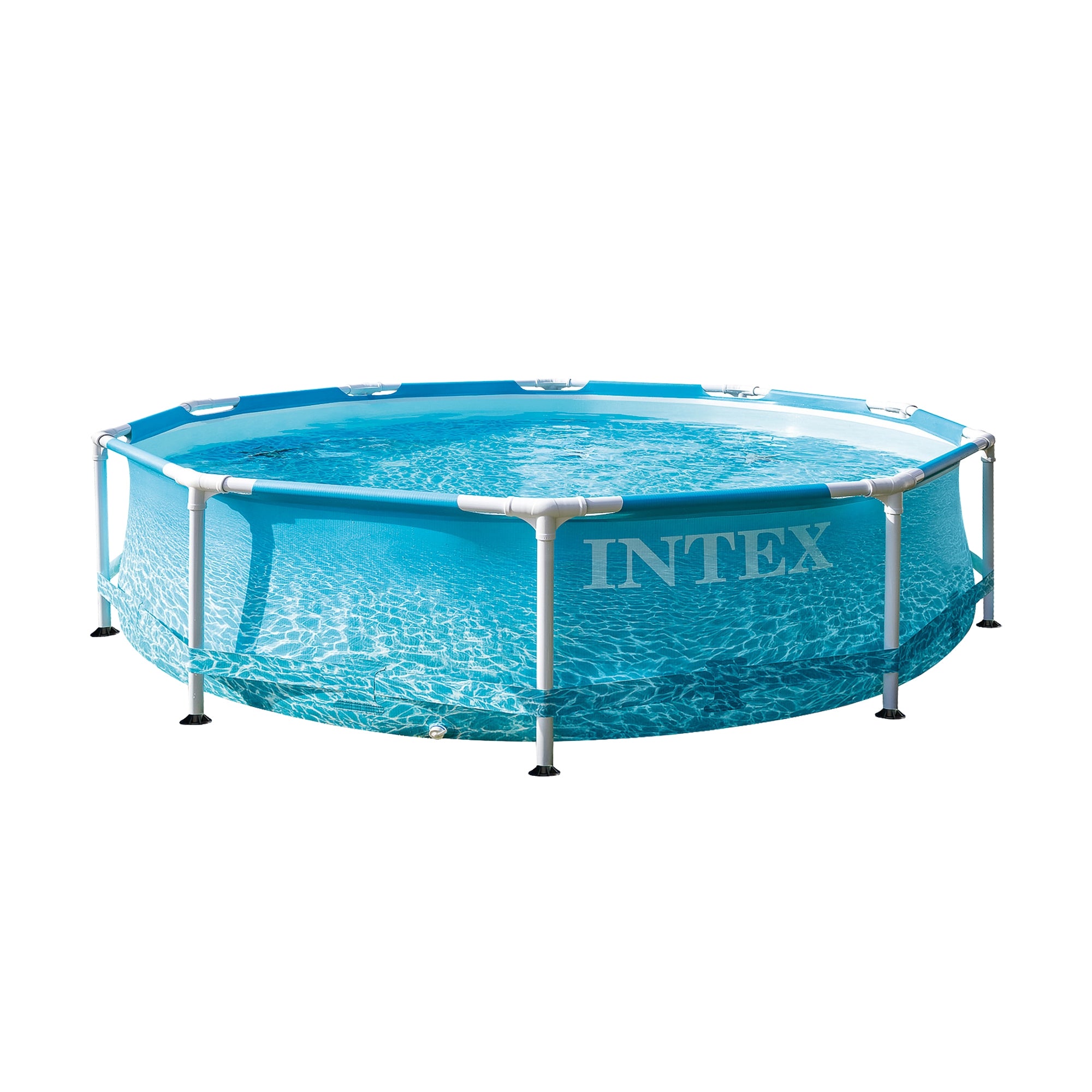 Round pool with blue liner and water surface.