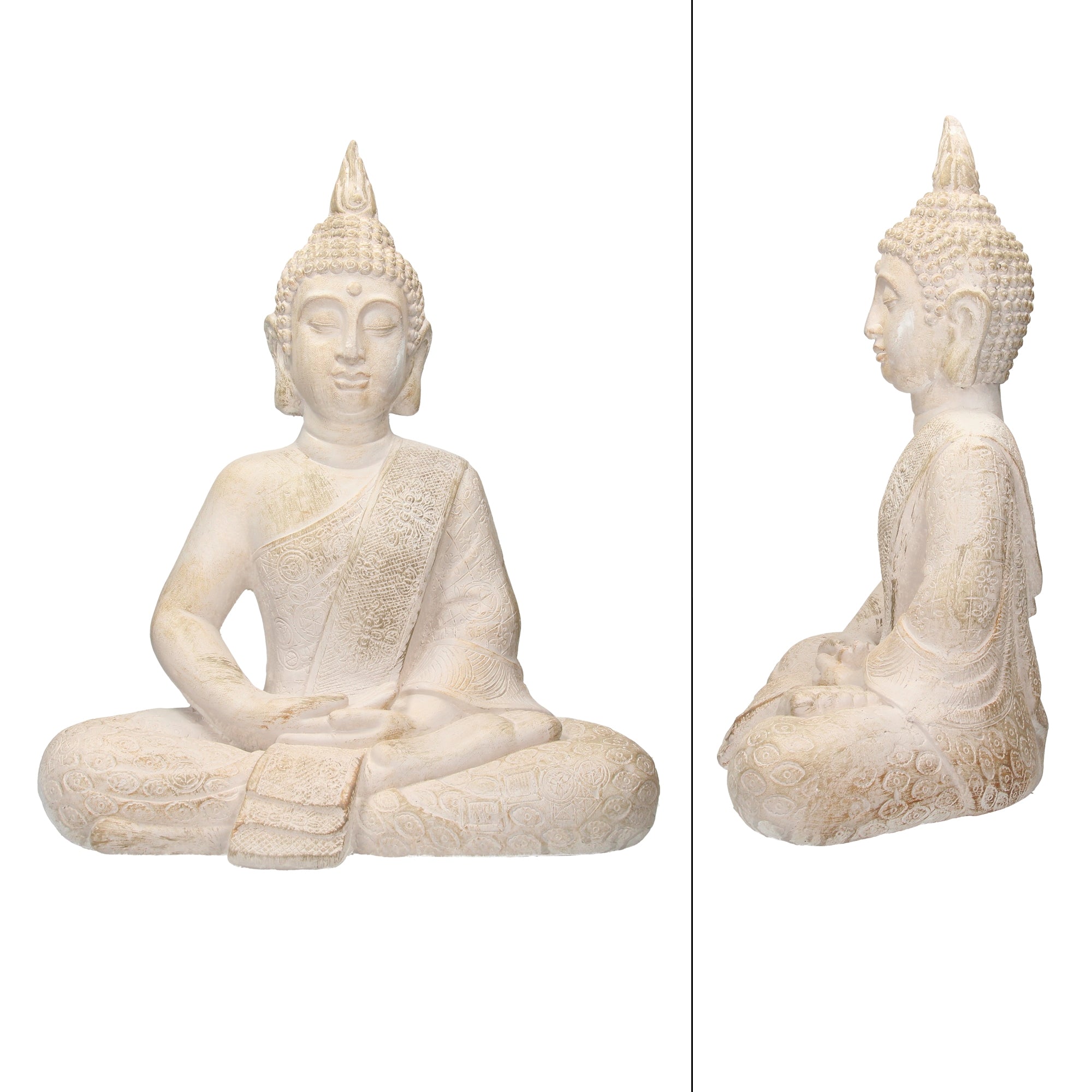 Weißer Buddha in sitzender Position, seitliche Ansicht.