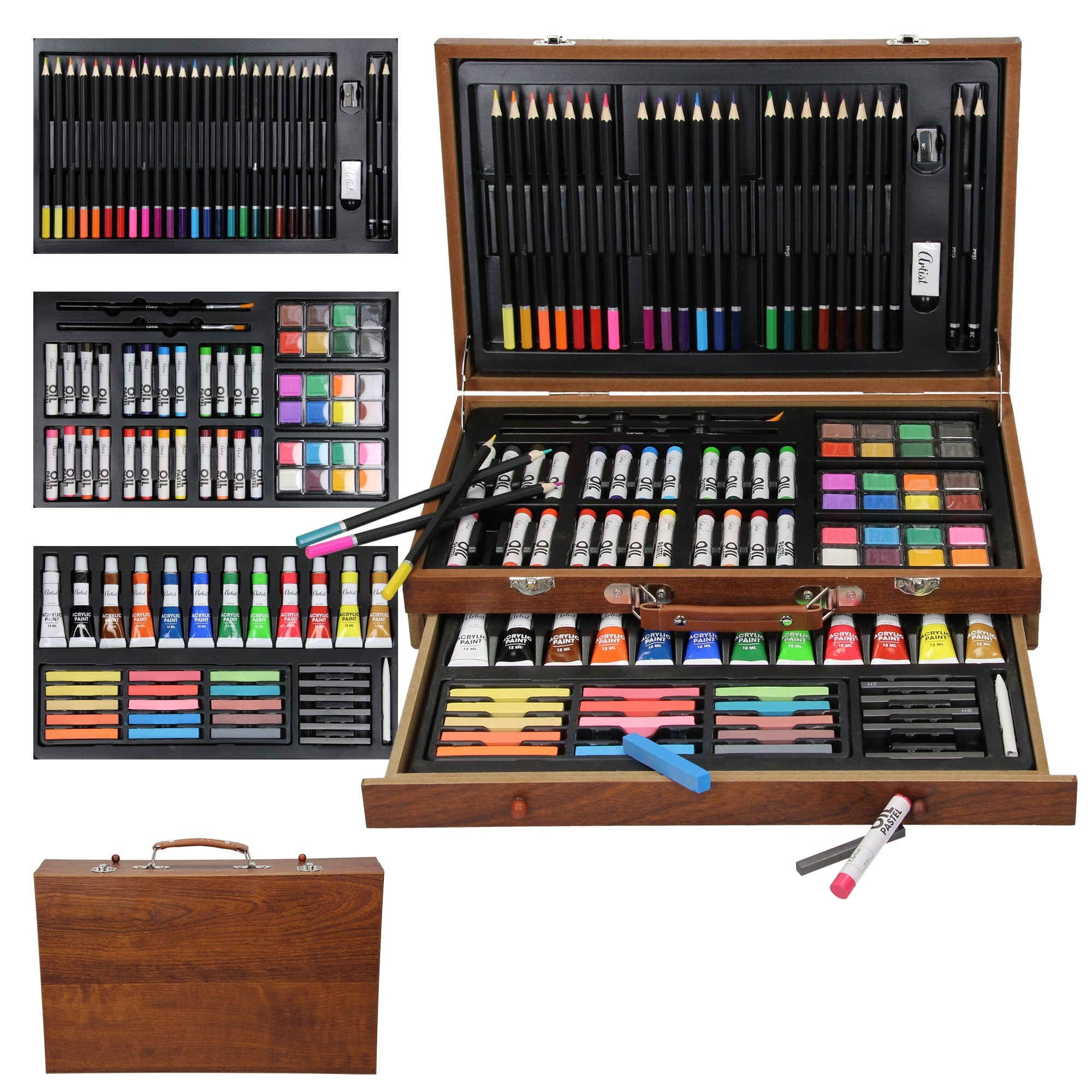 Scatola di legno con vari materiali per la pittura, aperta e con colori vivaci.