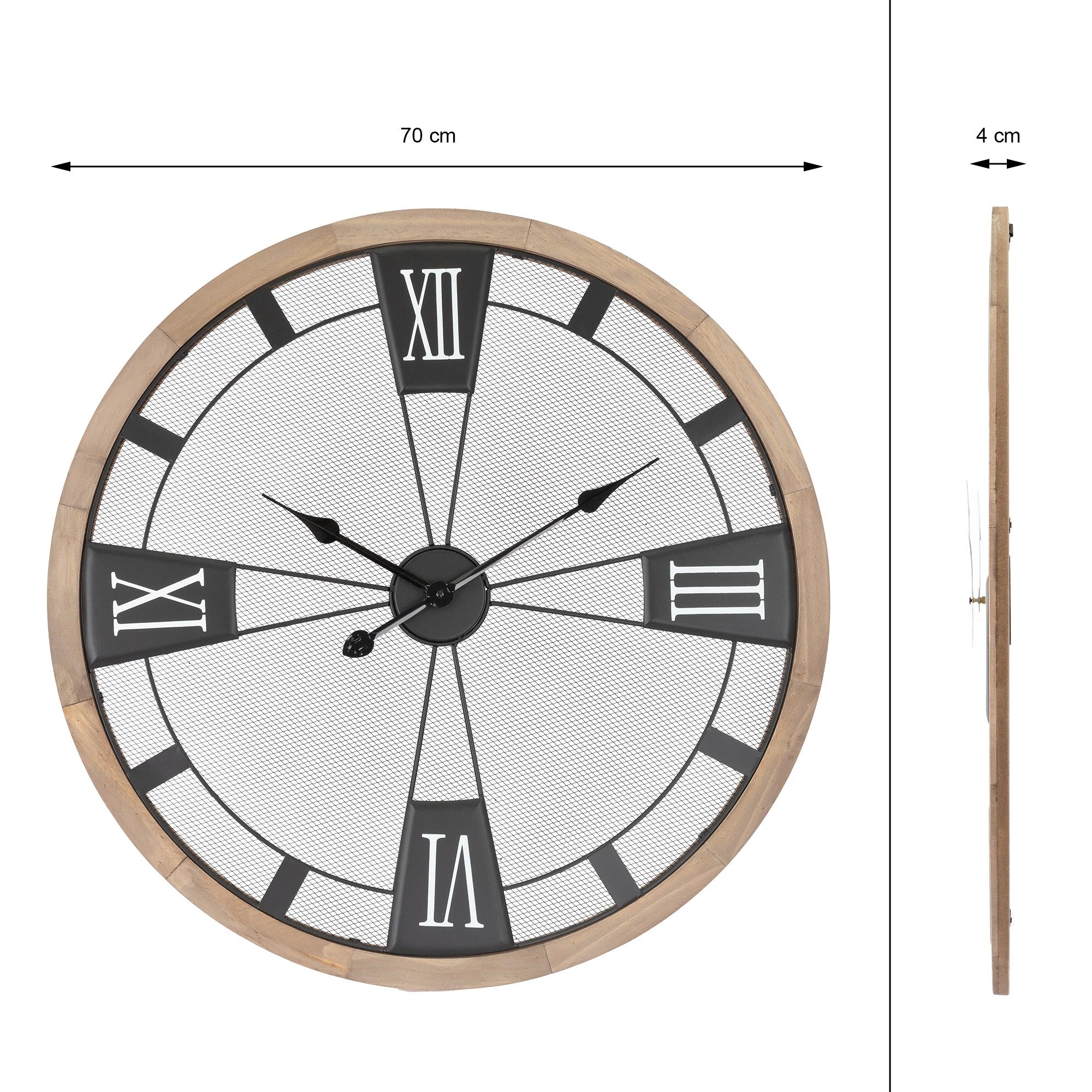 Kerek falióra római számokkal, 70 cm átmérőjű, fából készült kerettel.