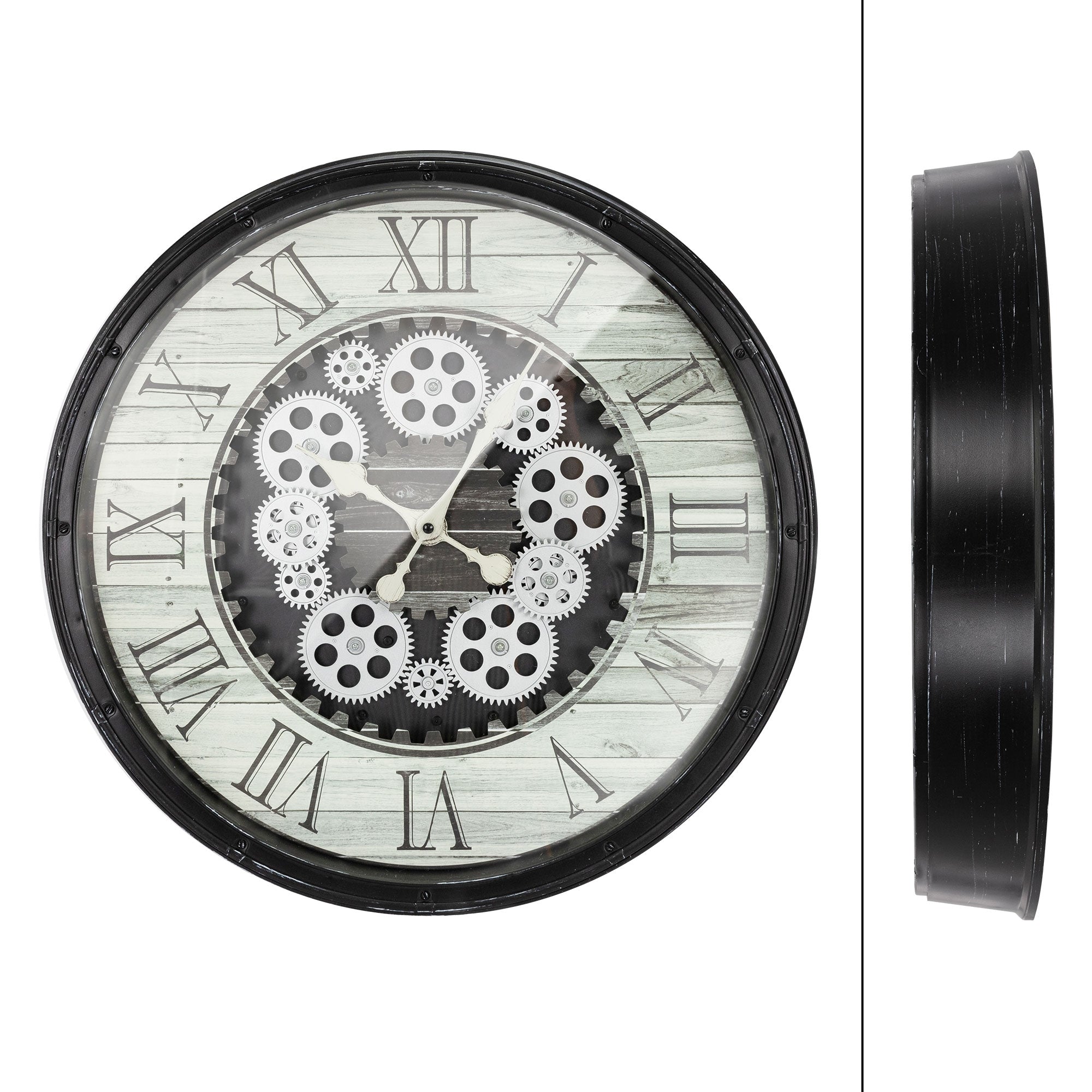 Runde Wanduhr mit Zahnrädern im Ziffernblatt und schwarzem Rahmen.